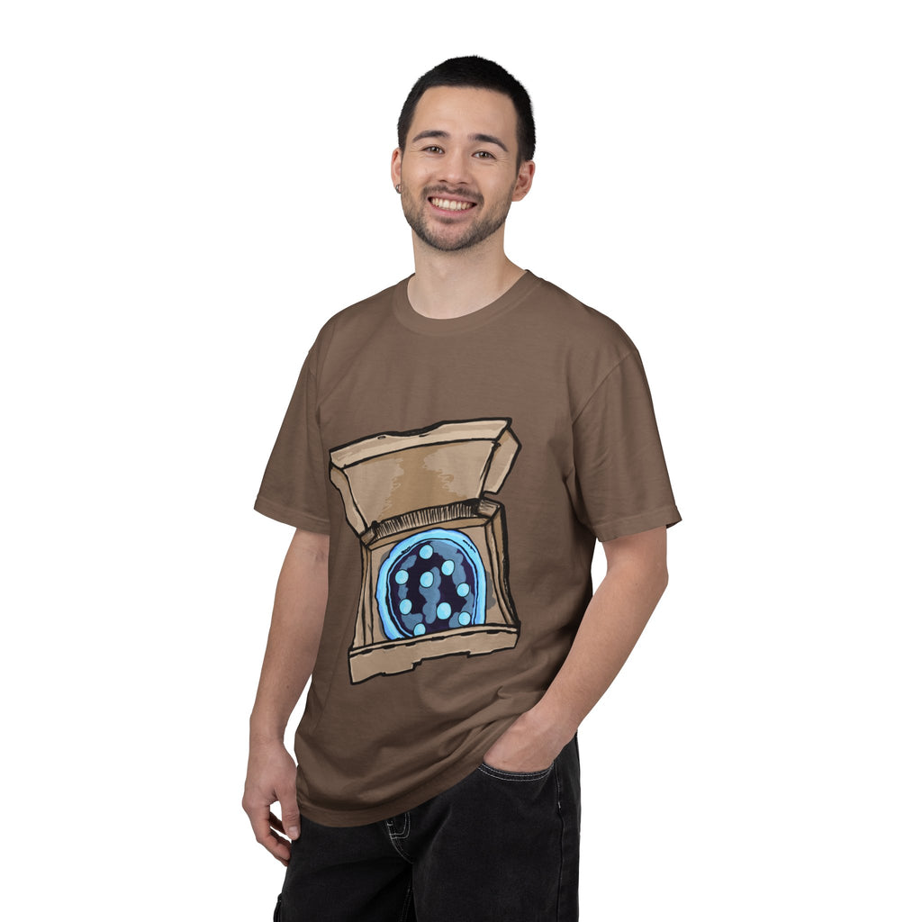 Hand-drawn ice pizza box t-shirt showing open pizza box with glowing blue ice pizza and floating orbs from PizzaBytes collection


