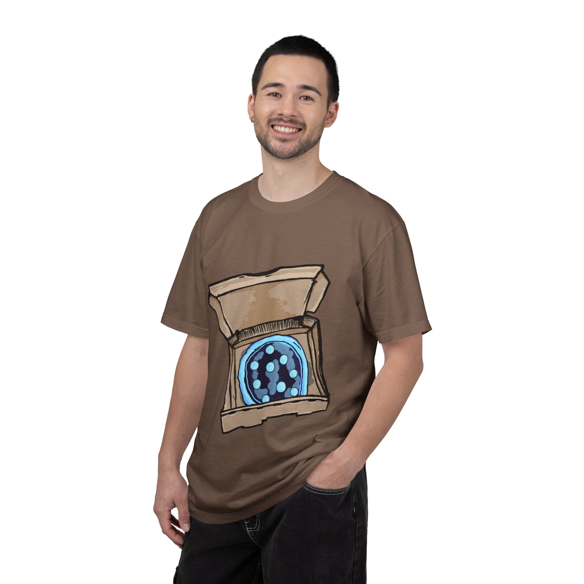 Hand-drawn ice pizza box t-shirt showing open pizza box with glowing blue ice pizza and floating orbs from PizzaBytes collection

