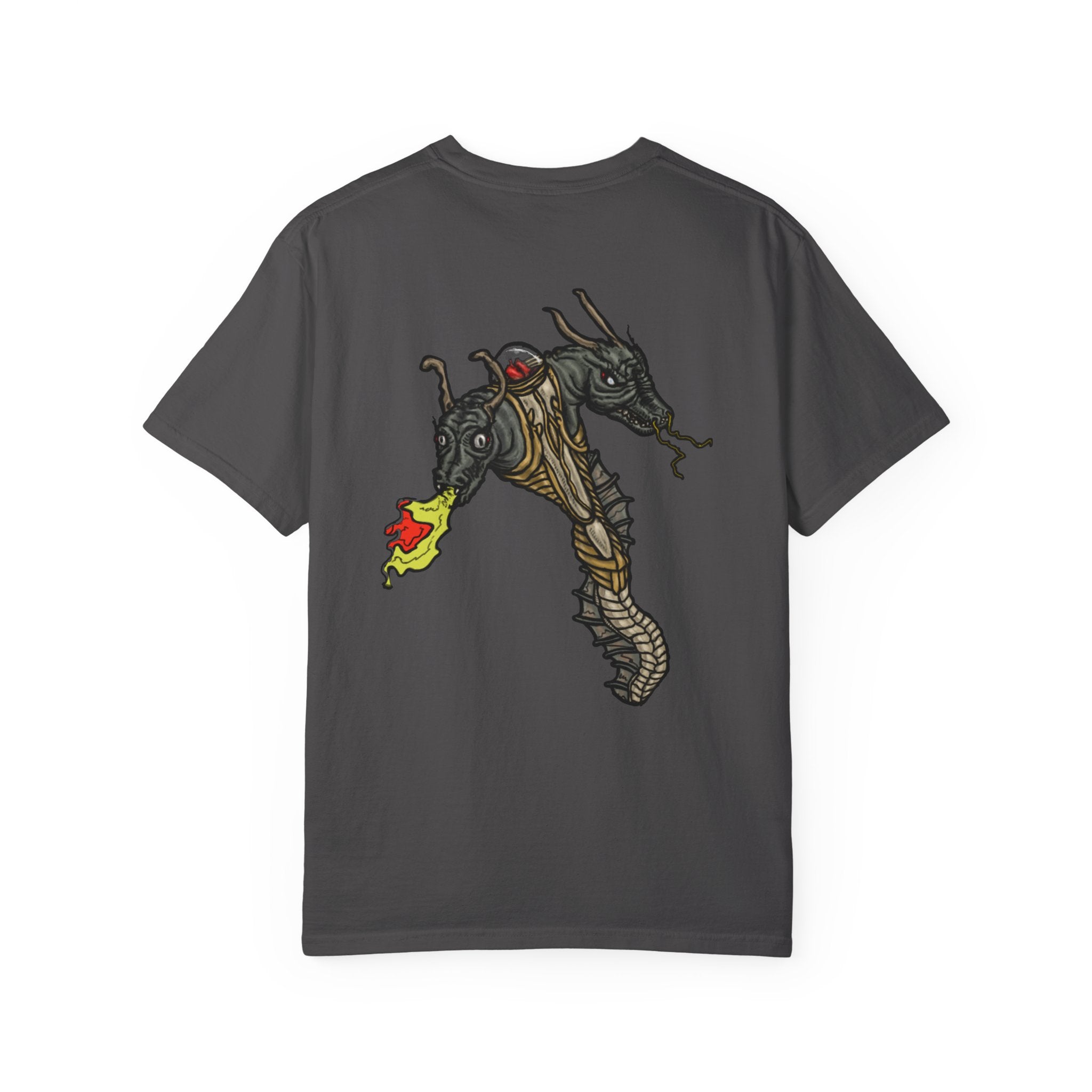 Front:
Hand-drawn Item Selection #1 t-shirt from Freaky Features showing a collection of monster weapons: broom, bat staff, skeletal scythe, shark dagger, ice cream cone and war hammer on dark gray tee
Back:
Freaky Features Dragon Serpent t-shirt showing a two-headed reptilian monster breathing green flame on the back of a cream tee

