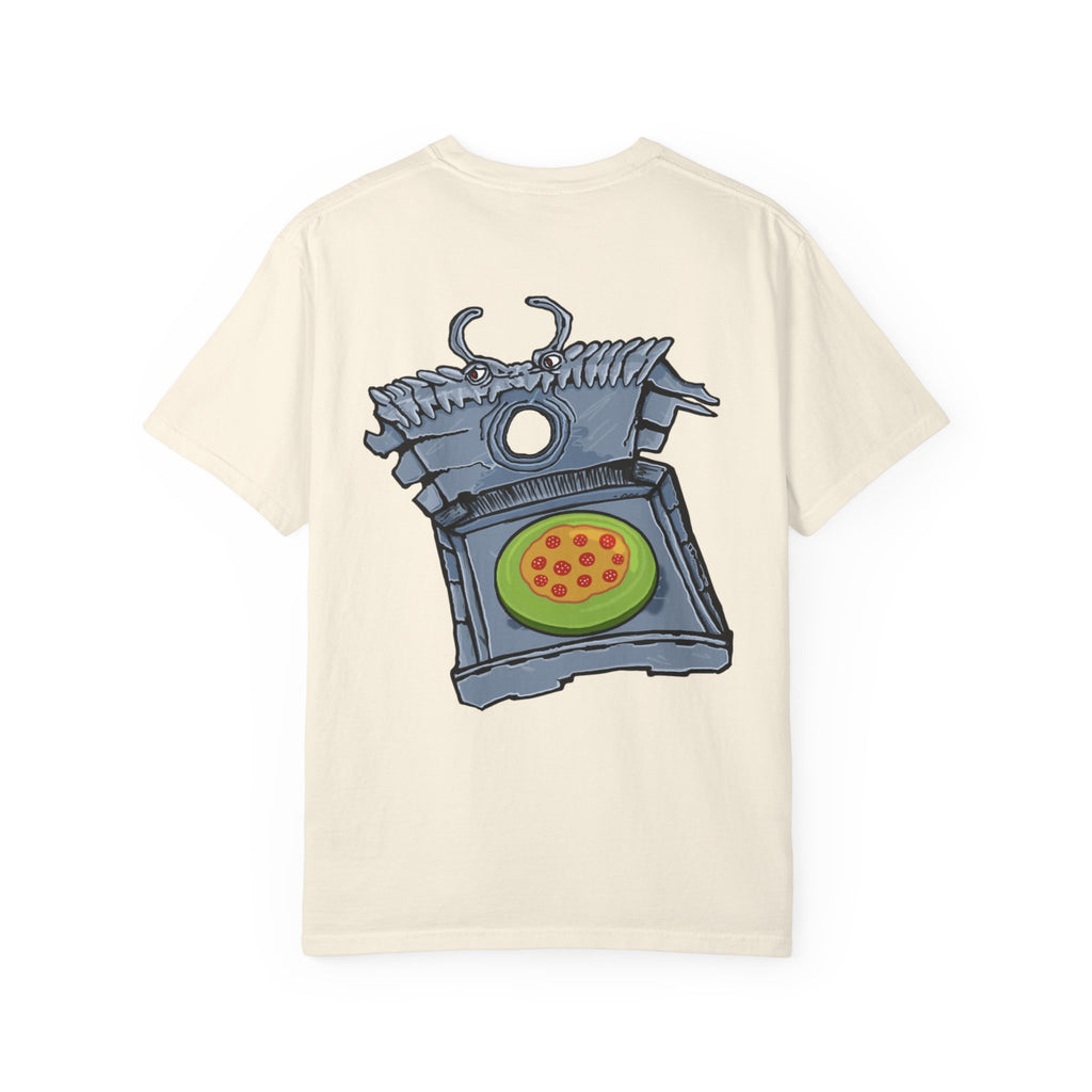 Freaky Features Franky t-shirt, front shows Frankenstein-style monster head with cucumber eyes and poison vial nose, back shows monster-headed pizza box with green pizza frisbee