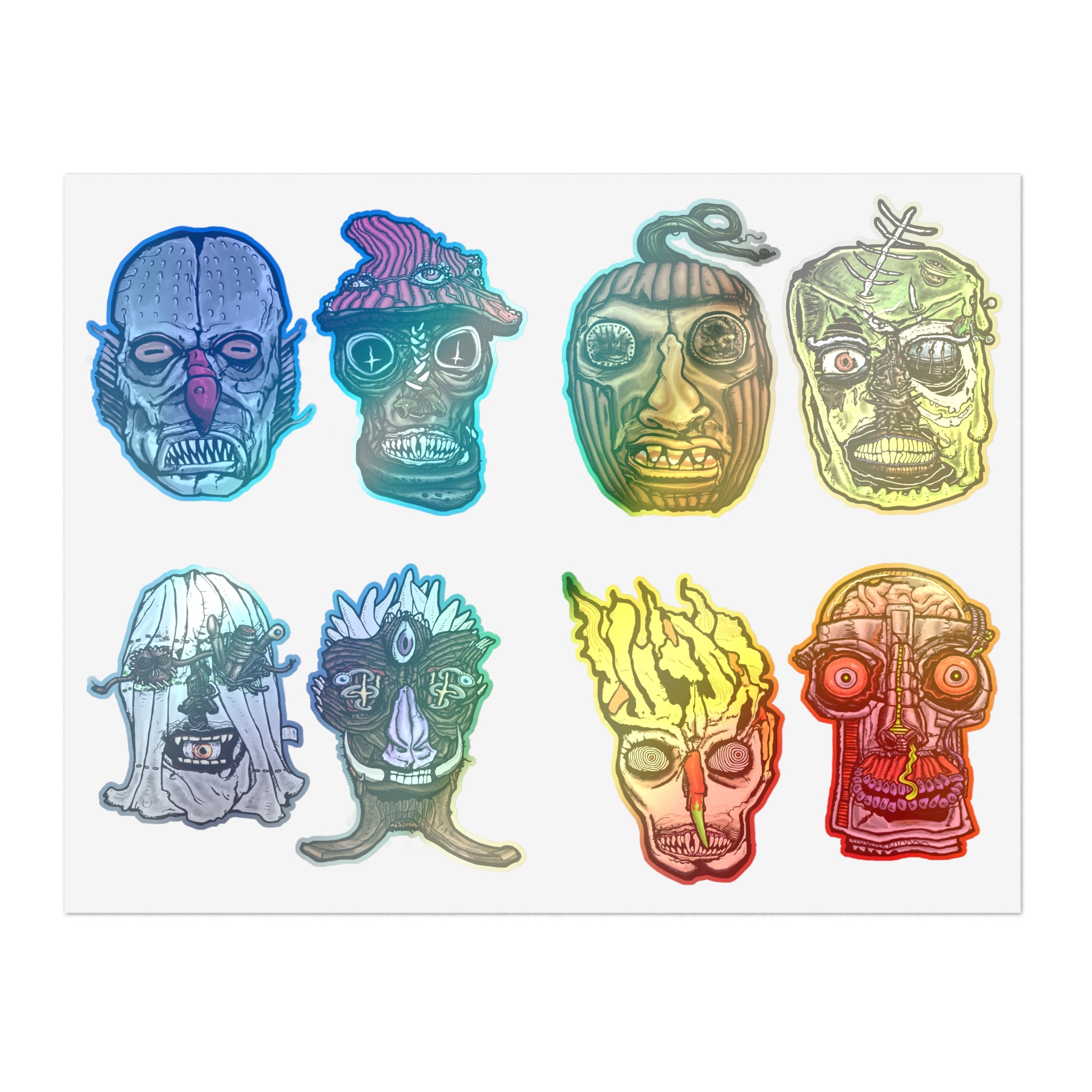Freaky Features Sticker Sheet Set #2, transparent die-cut sheet with 8 hand-drawn monster heads including Fishman, Mushroom Boy, PumpkinJack, Radioactive Blob, Ghost, Flaming Skull, and Robo Bobo
