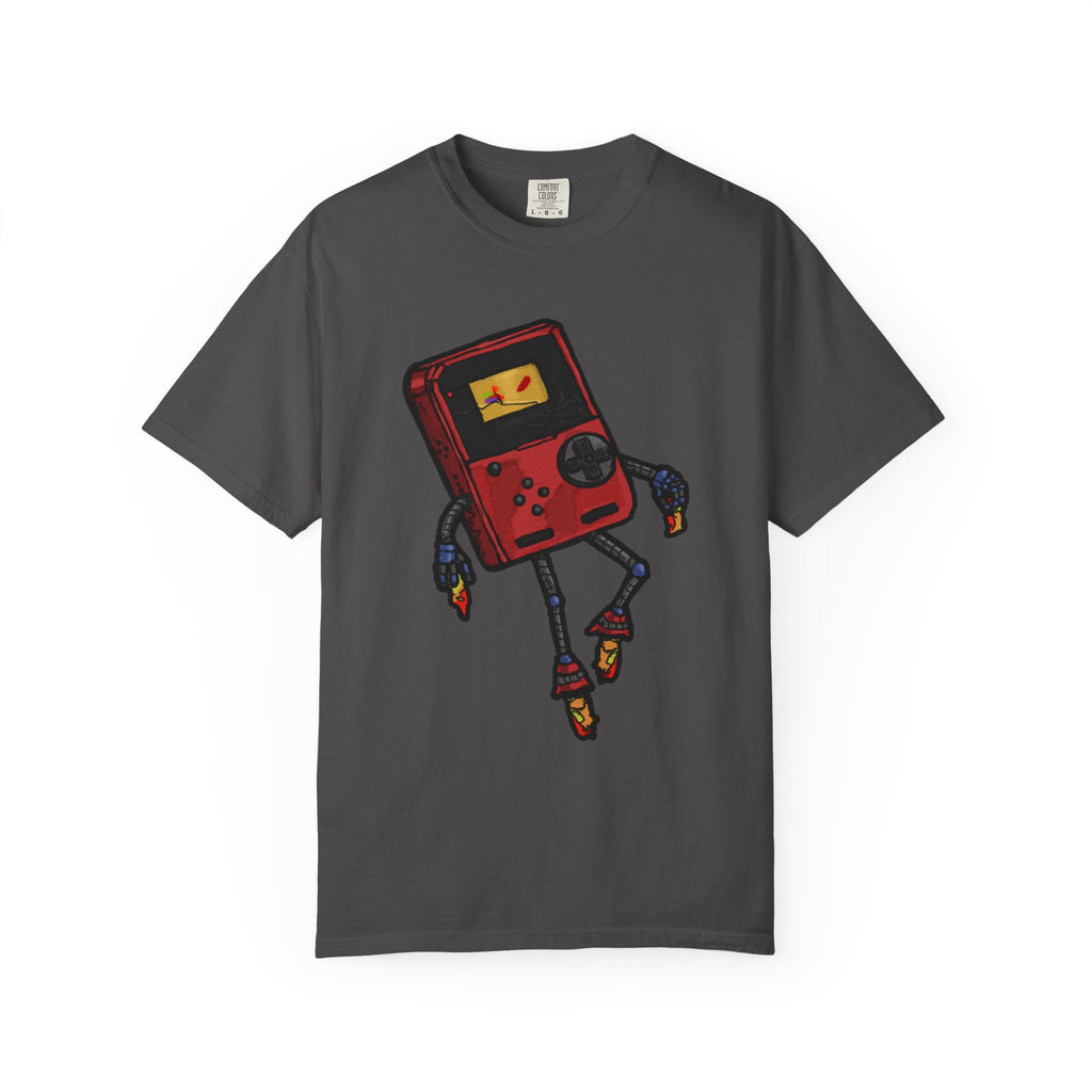 GamerPal t-shirt from Freaky Features showing a red Game Console turned into a walking pizza monster with mechanical limbs on dark gray tee

