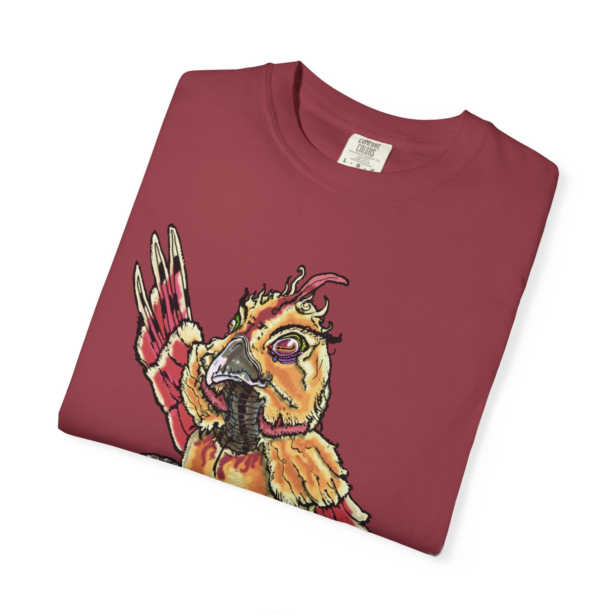 Fiery Inferno Phoenix Pizza Monster T-Shirt, Hand-drawn pizza phoenix with melted cheese flames, pepperoni wings, and glowing eyes on Comfort Colors tee from PizzaBytes collection
