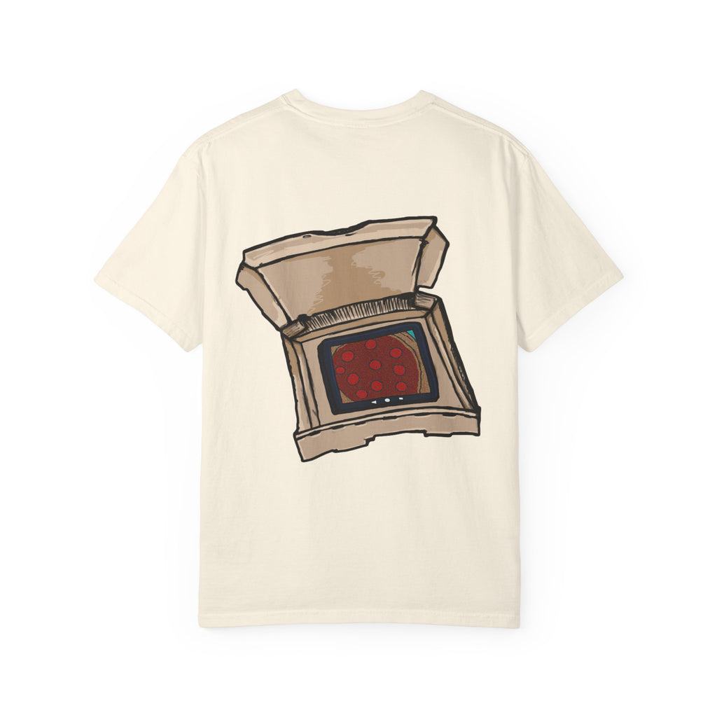 Freaky Features Alien t-shirt, front shows chaotic purple alien tentacles and insect swarm, back shows open pizza box designed as retro TV with pepperoni pizza inside

