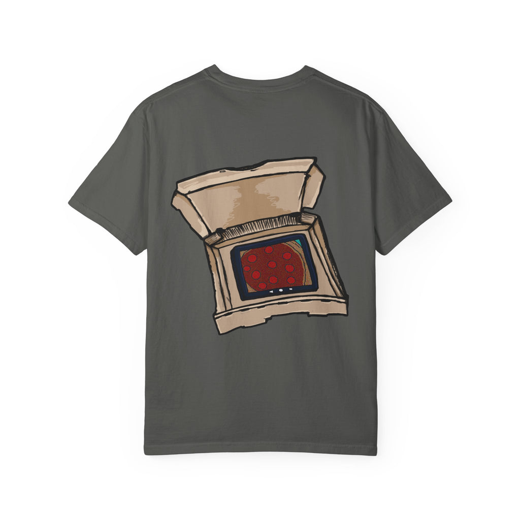 Freaky Features Alien t-shirt, front shows chaotic purple alien tentacles and insect swarm, back shows open pizza box designed as retro TV with pepperoni pizza inside

