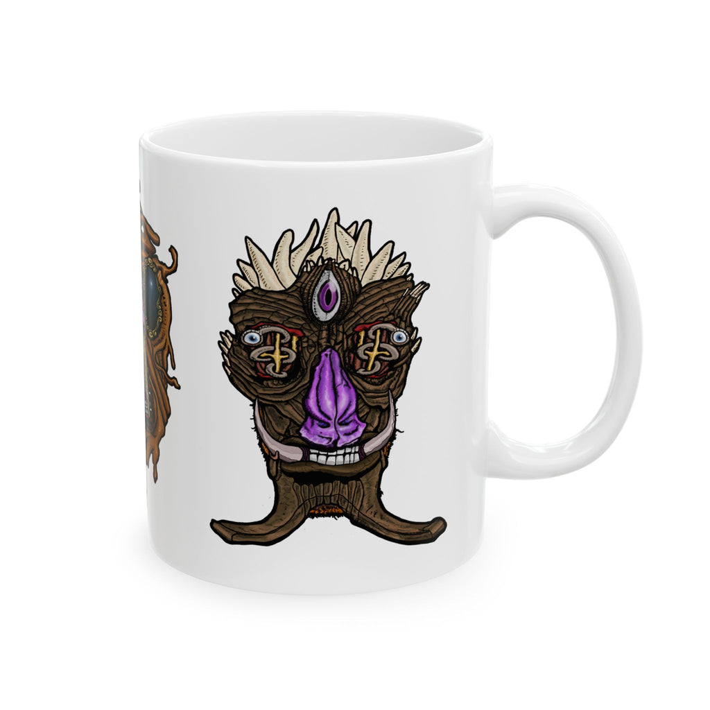 Freaky Features Sandman Radioactive Blob Shaman mug showing three monster designs: melting chocolate head with ice cream nose, neon green radioactive blob skull, and tribal shaman mask on white ceramic mug

