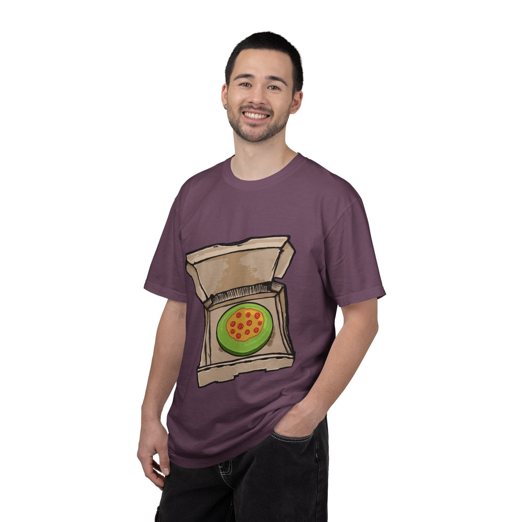 Hand-drawn frisbee pizza box t-shirt showing open pizza box with green frisbee pepperoni pizza from PizzaBytes collection

