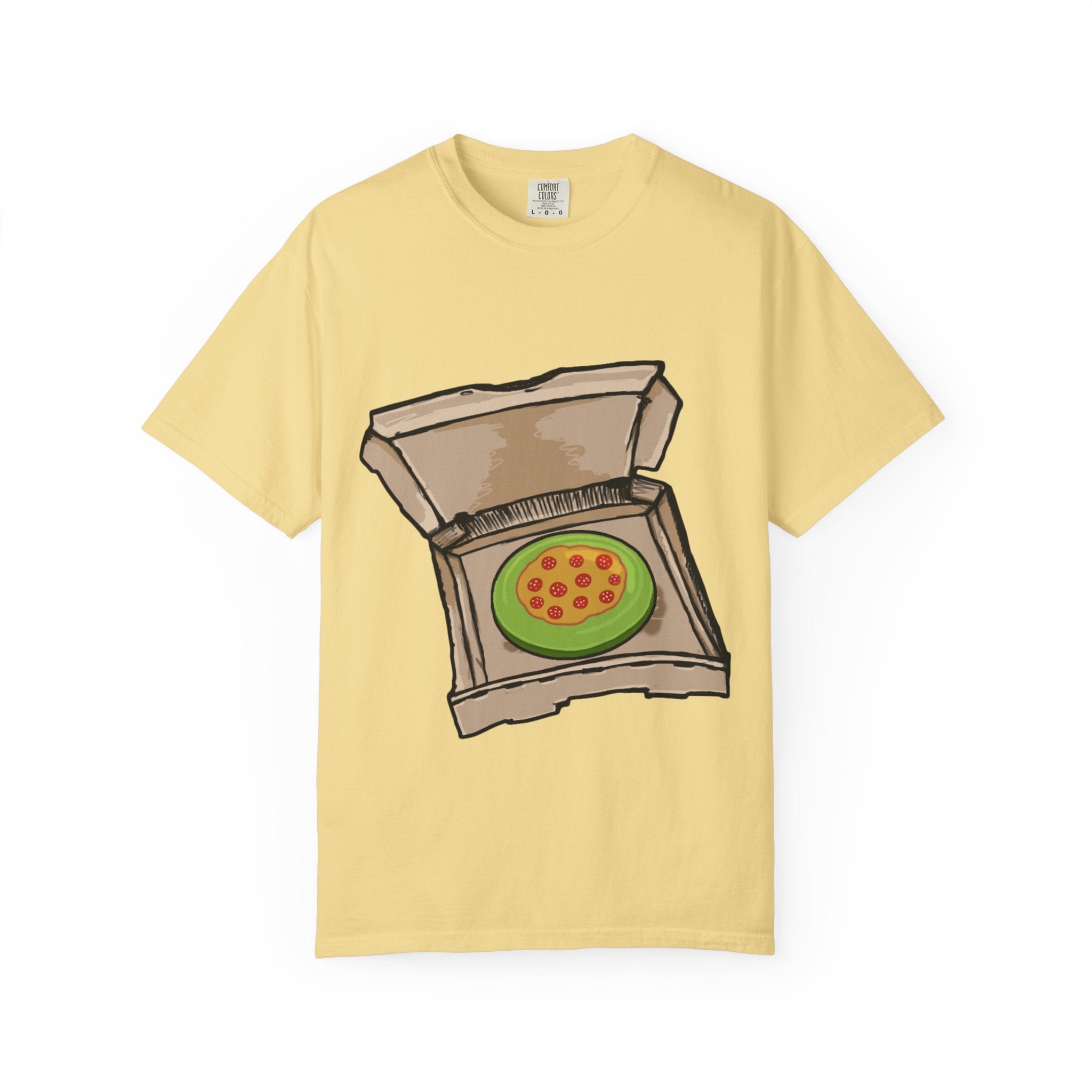Hand-drawn frisbee pizza box t-shirt showing open pizza box with green frisbee pepperoni pizza from PizzaBytes collection

