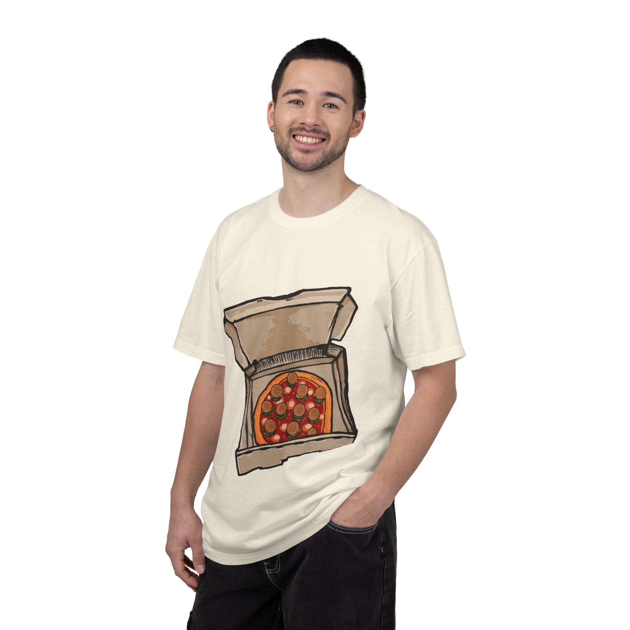 Hand-drawn burger pizza box t-shirt showing open pizza box with pepperoni pizza topped with mini cheeseburgers on Comfort tee from PizzaBytes collection
