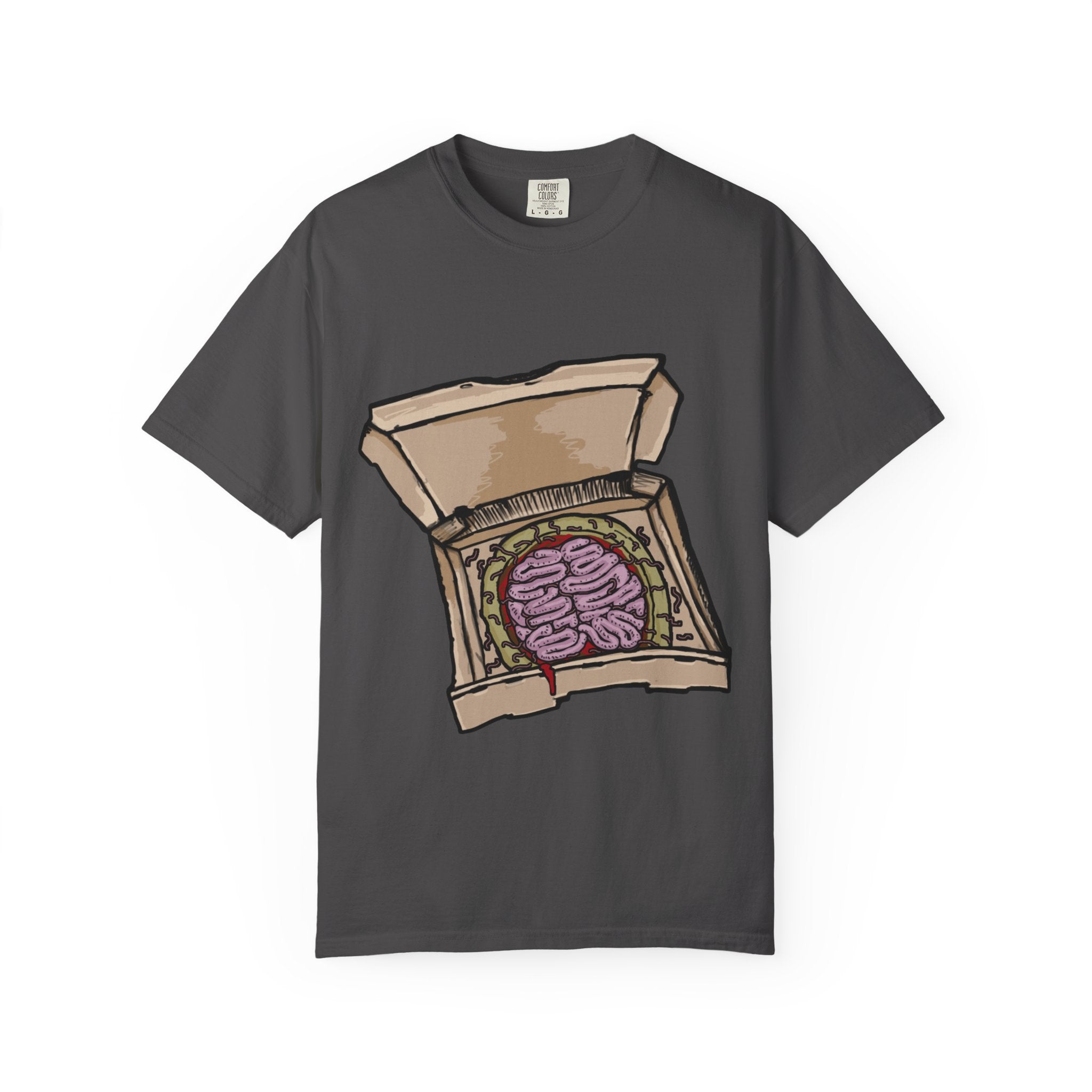 Hand-drawn brain pizza box t-shirt showing open pizza box with a detailed human brain pizza from PizzaBytes collection

