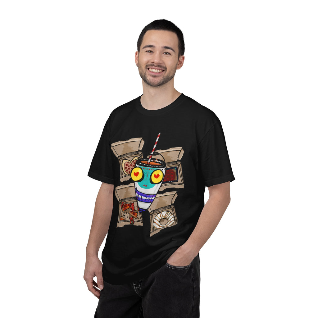 Hand-drawn PizzaBytes Set #4 t-shirt showing a cute blue soda cup monster with heart eyes in front of multiple open pizza boxes from PizzaBytes collection

