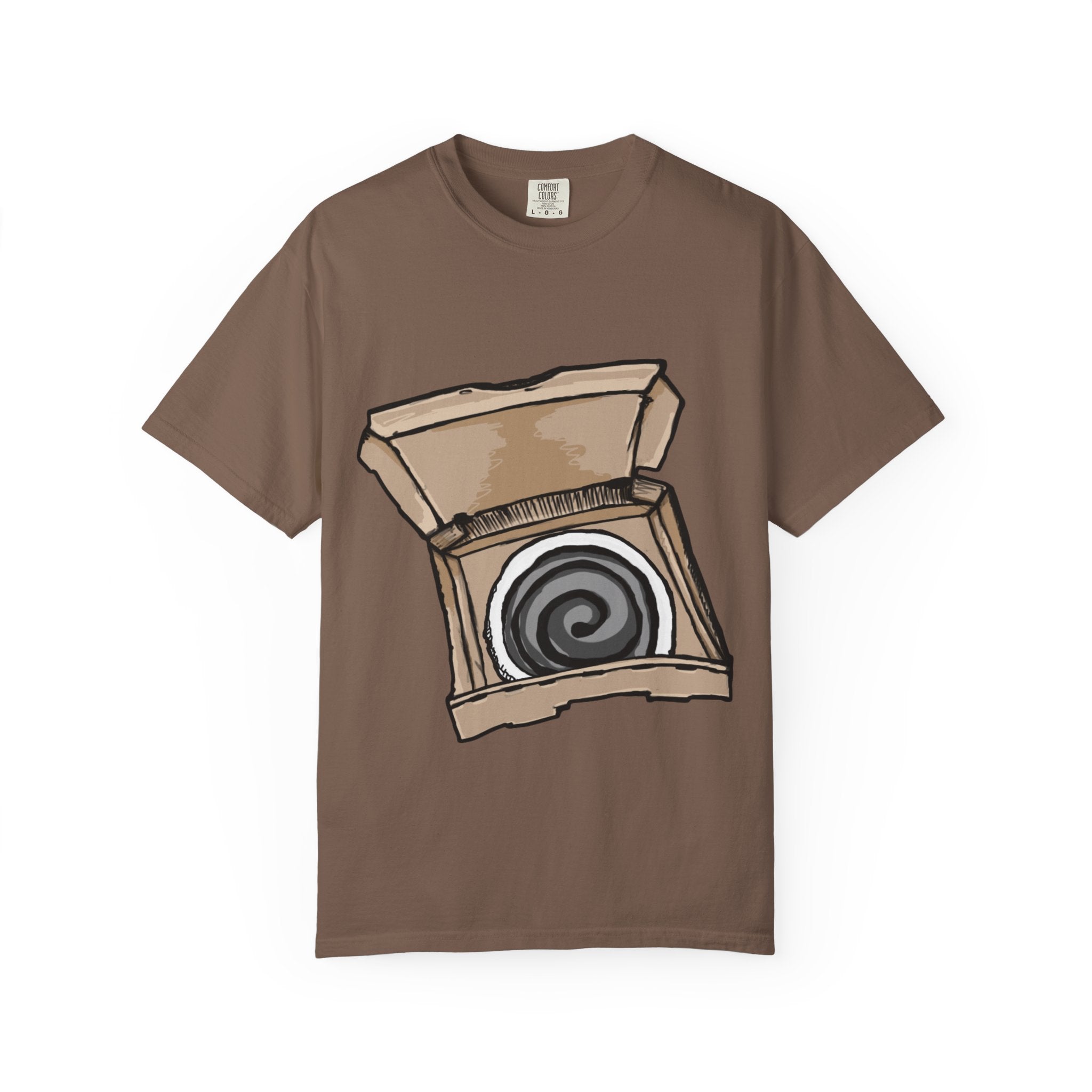 Hand-drawn swirl hypno pizza box t-shirt showing open pizza box with hypnotic spiral pattern from PizzaBytes collection
