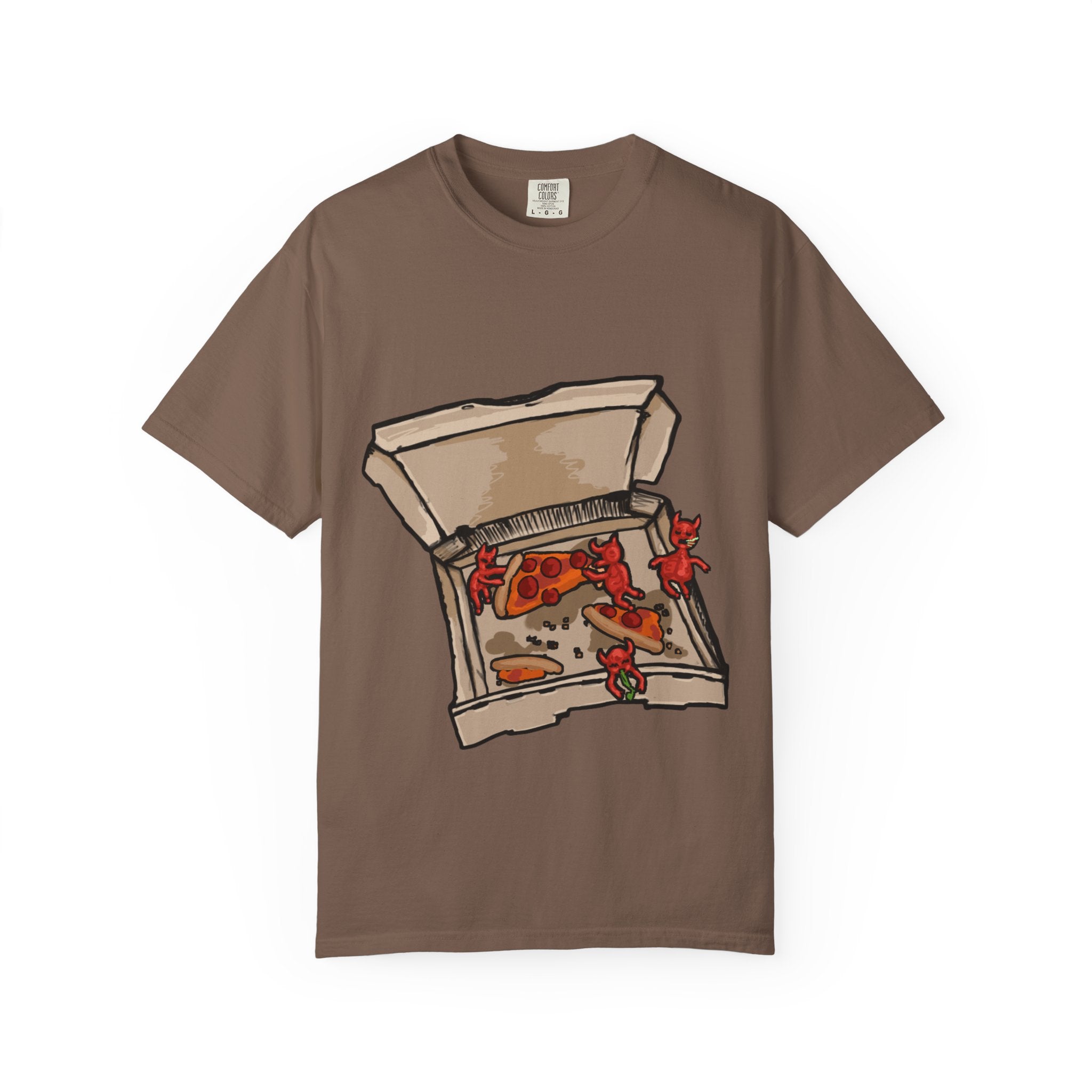 Hand-drawn little devils pizza box t-shirt showing open pizza box with cute red devils eating and stealing pepperoni pizza slices from PizzaBytes collection

