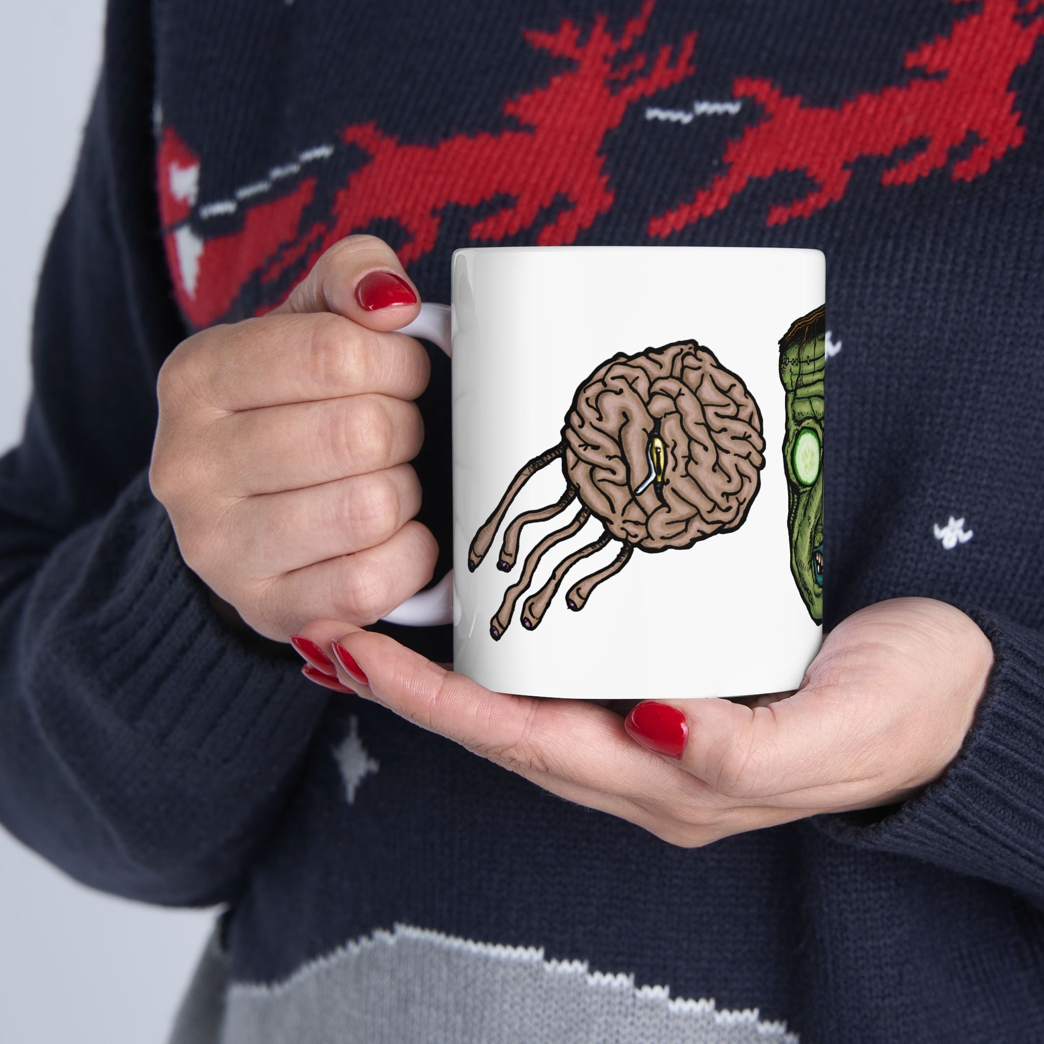 Freaky Features Frankie & the Brians mug showing three monster designs: Franky ( Frankenstein ), purple sad brain with tentacles, and floating brain with glassy eye
