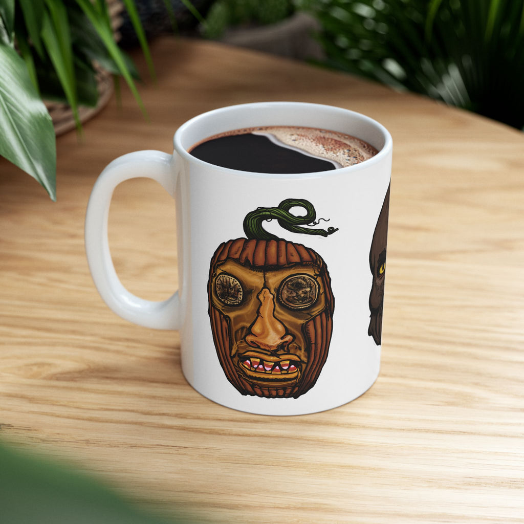 Freaky Features Werewolf Scarecrow PumpkinJack mug showing three monster designs: brown werewolf with yellow eyes, scarecrow with witch hat, and carved pumpkin head on white ceramic mug
