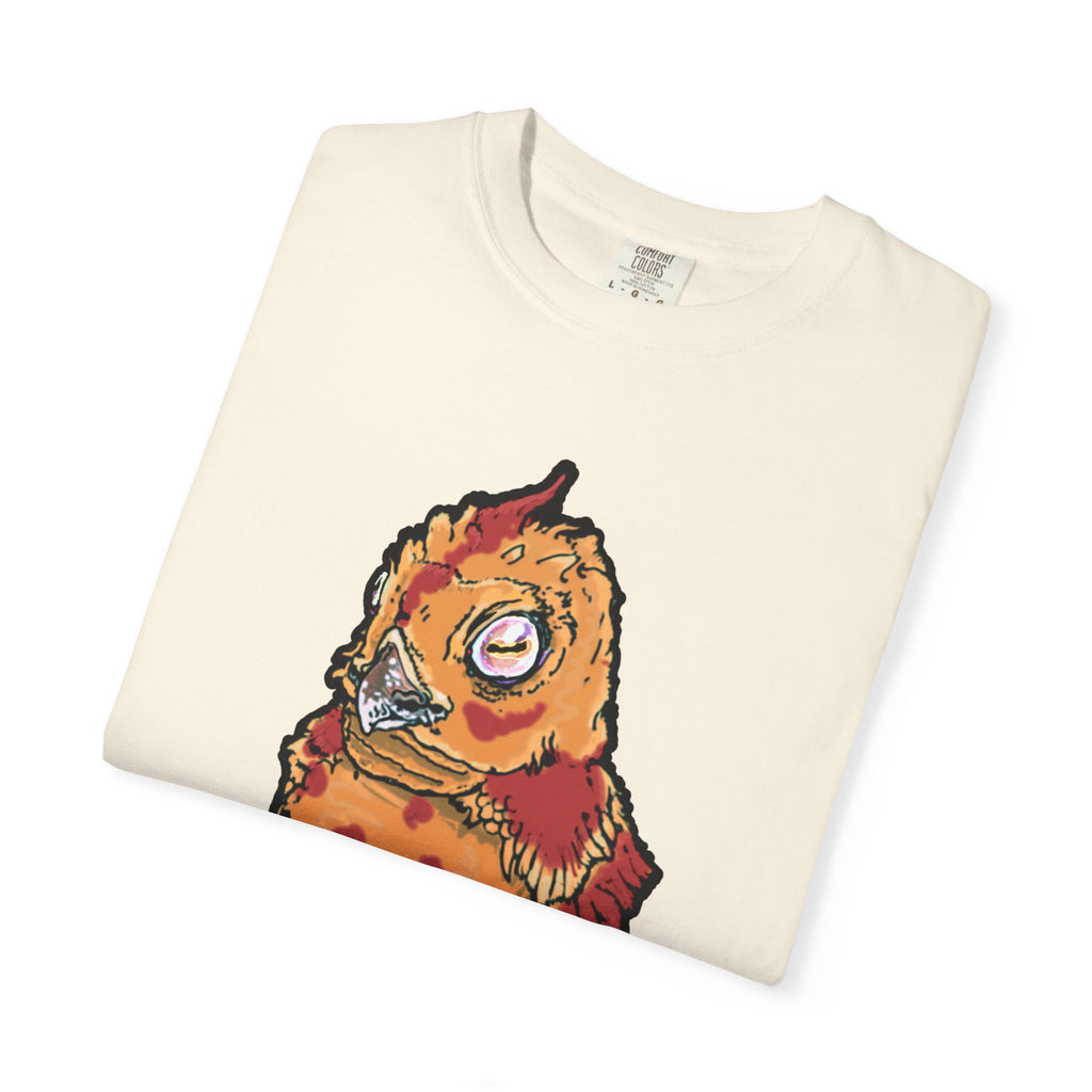 Hand-drawn spotted pizza owl monster t-shirt with melted cheese spots, pepperoni red markings and big multicolored eye tee from PizzaBytes collection