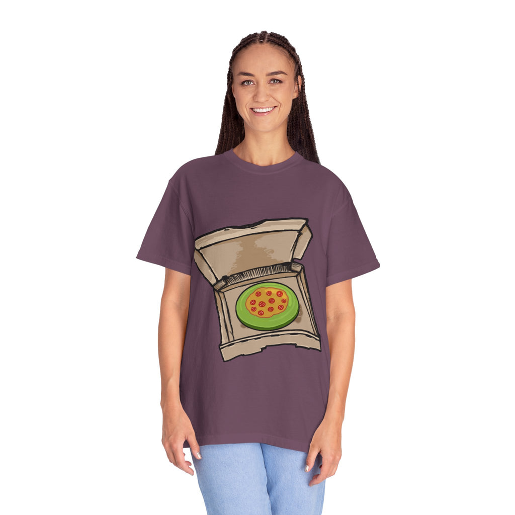 Hand-drawn frisbee pizza box t-shirt showing open pizza box with green frisbee pepperoni pizza from PizzaBytes collection

