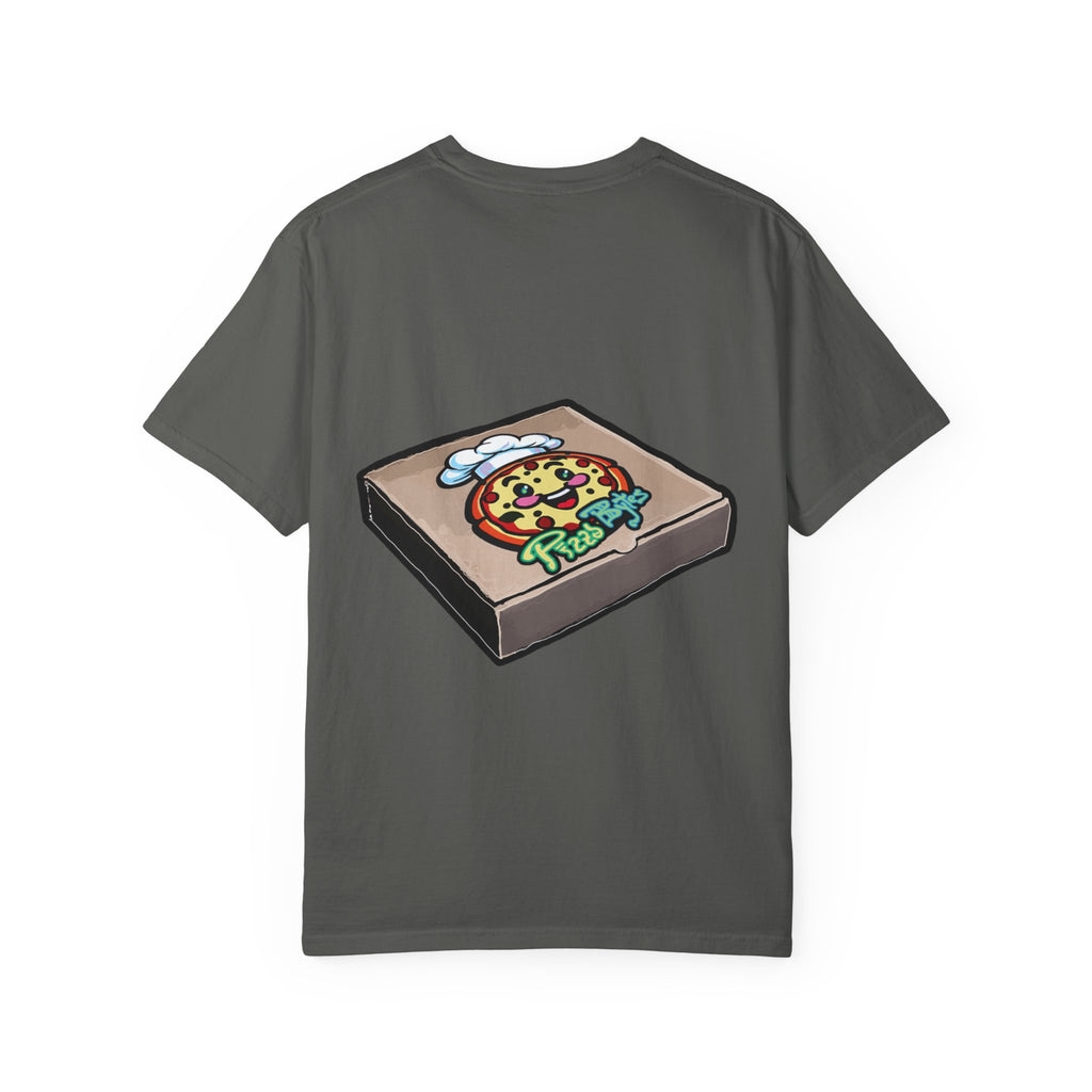 Hand-drawn rainbow donut pizza box t-shirt showing open pizza box with a colorful sprinkle donut from PizzaBytes collection


