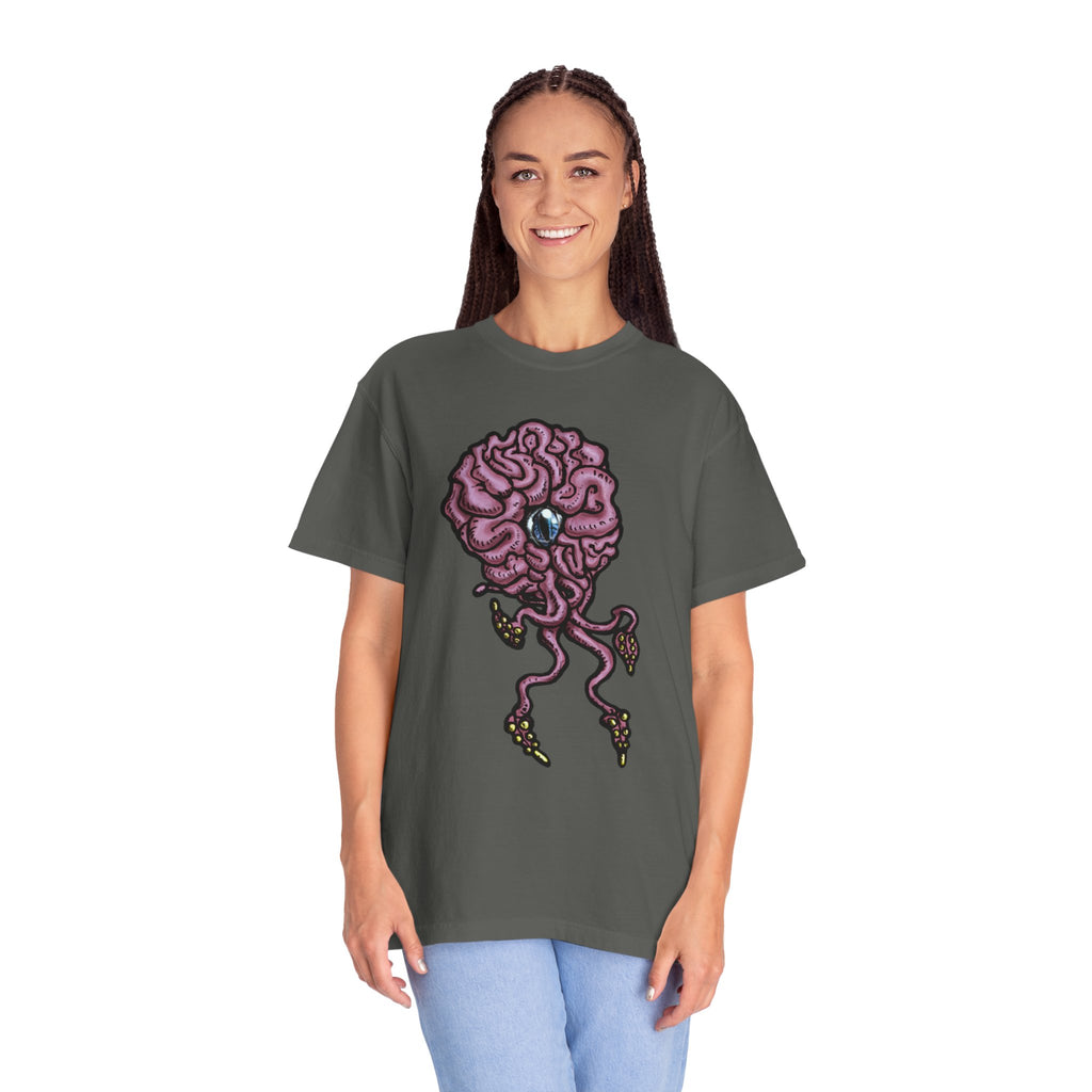 Freaky Features Brian t-shirt, front shows purple brain monster with tentacles, back shows open purple pizza box with a donut inside