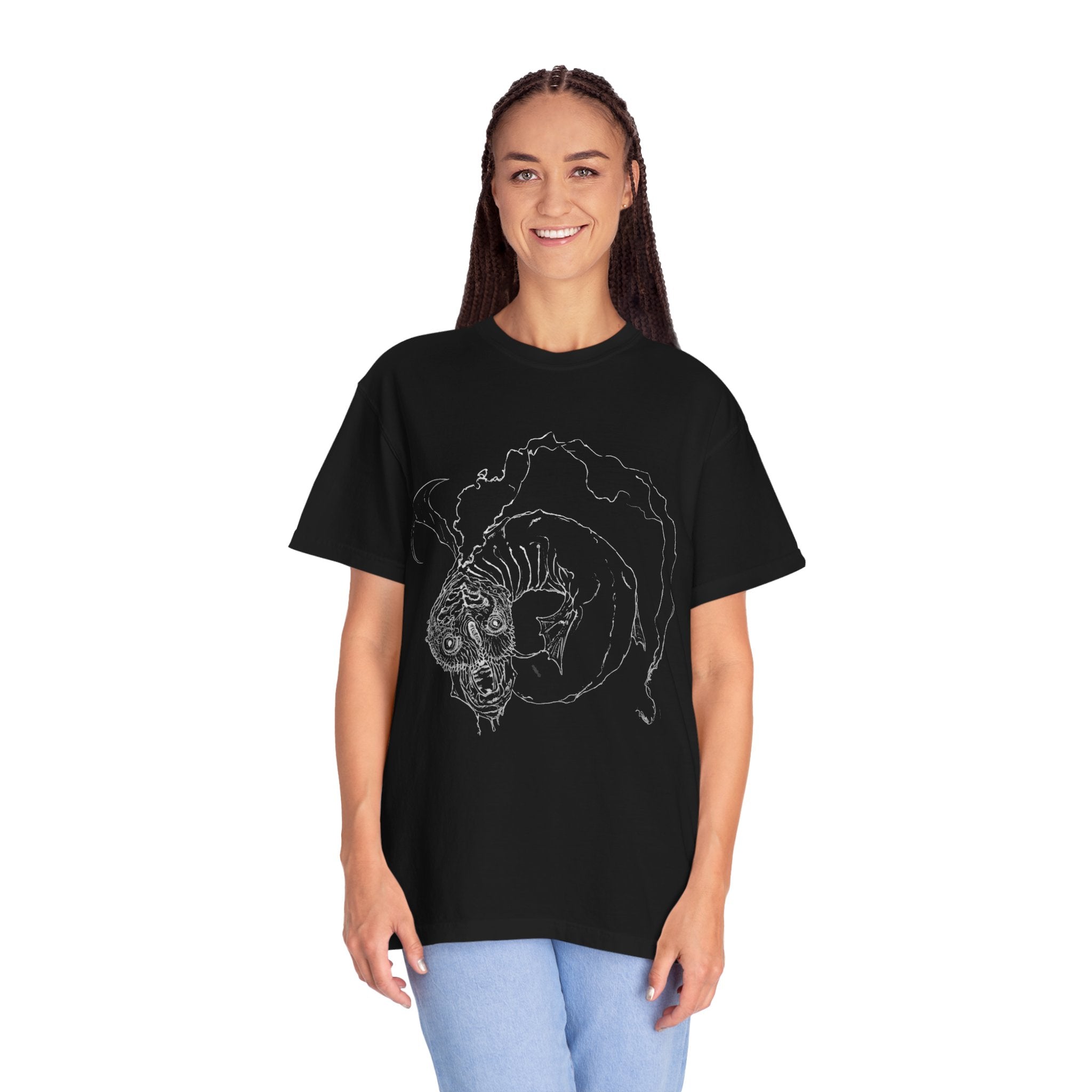 Hand-sketched Fish Monster t-shirt from Serenity Chain collection, eerie deep-sea creature with bulging eyes and flowing fins in white line art on black tee