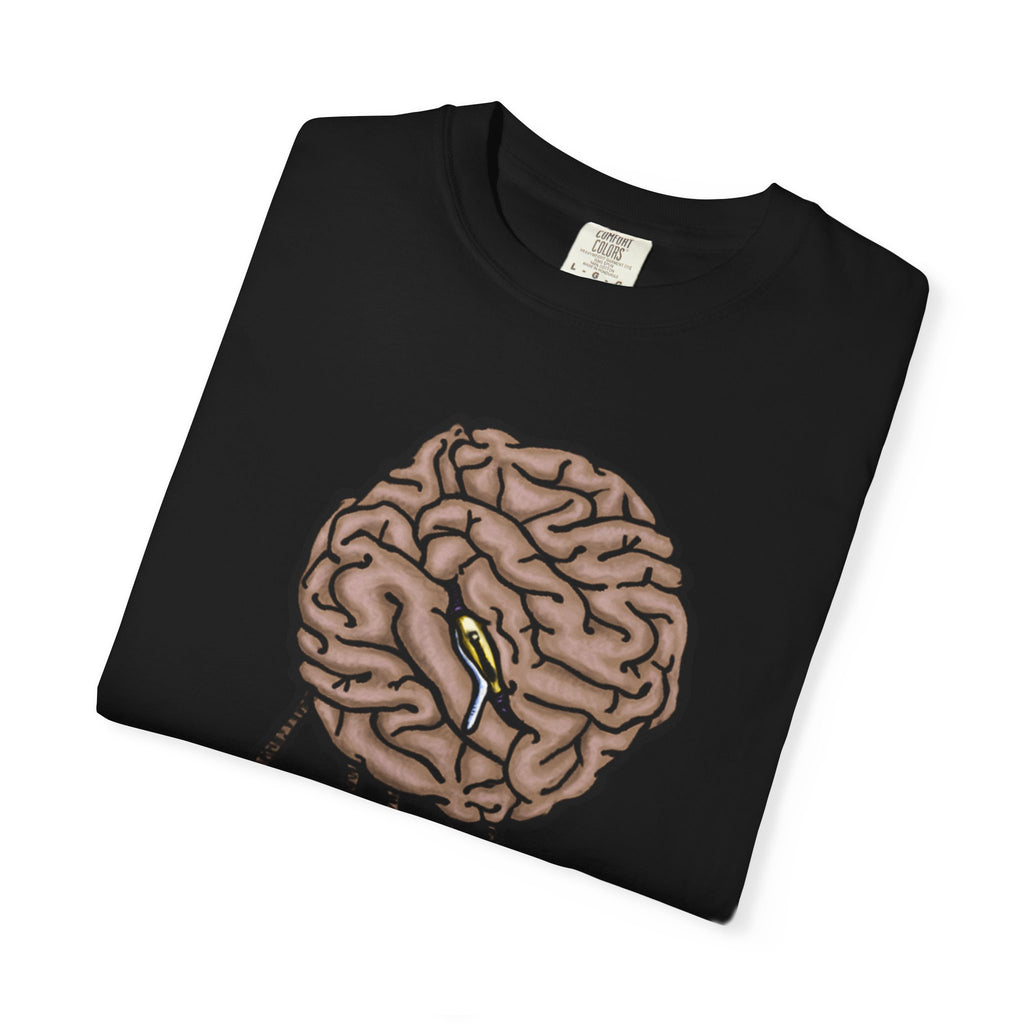 Freaky Features Sad Brian t-shirt, front shows a sad dripping brain monster with tentacles, back shows an open pizza box with half-eaten cake dripping
