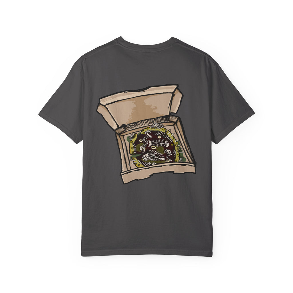 Freaky Features Fishman t-shirt, front shows grotesque fishman with orange eyes and red nose, back shows open pizza box with sewer pizza and skeletons
