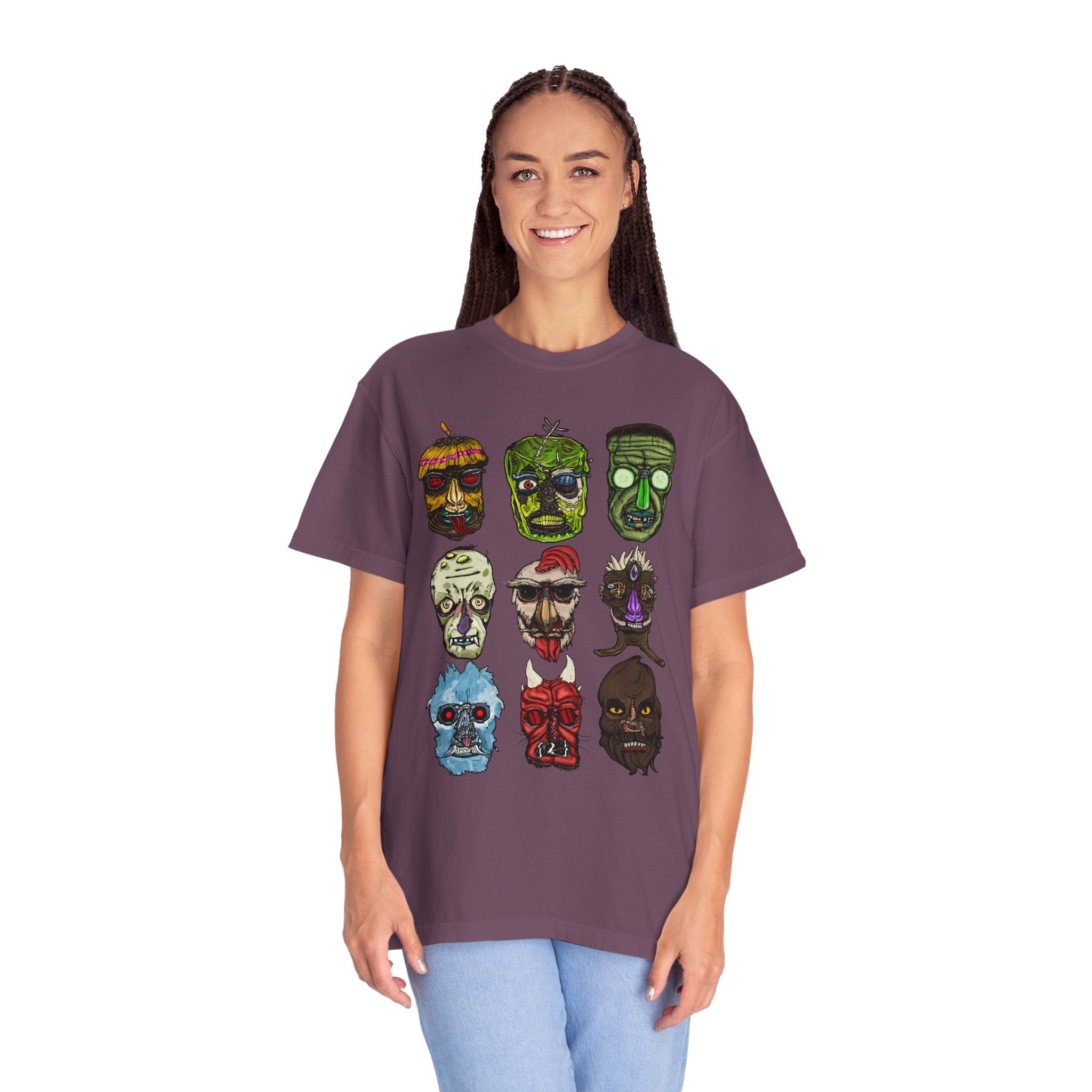 Freaky Features Collective #1 Mirrored t-shirt, front and back show mirrored 3x3 grids of hand-drawn monster heads from the Freaky Features collection
