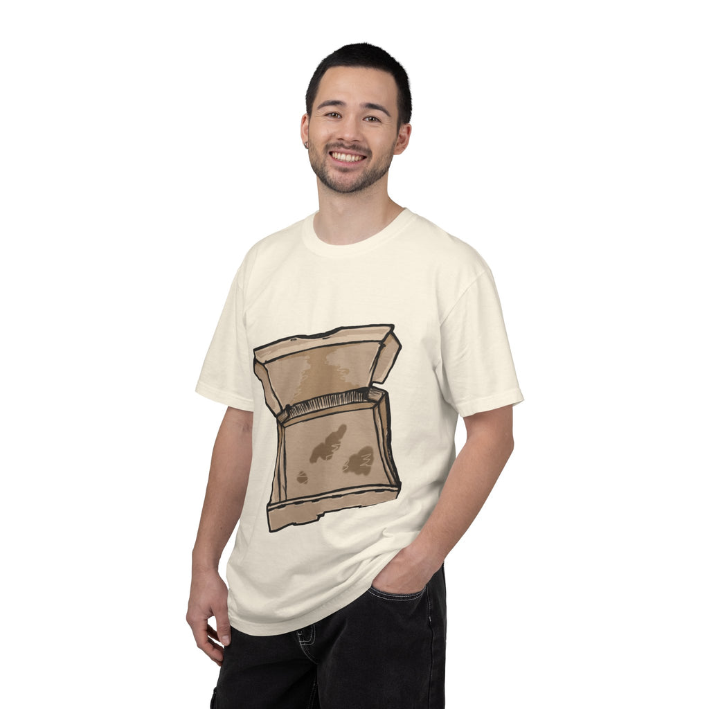 Hand-drawn empty pizza box t-shirt showing open box with grease stains on Comfort tee from PizzaBytes collection
