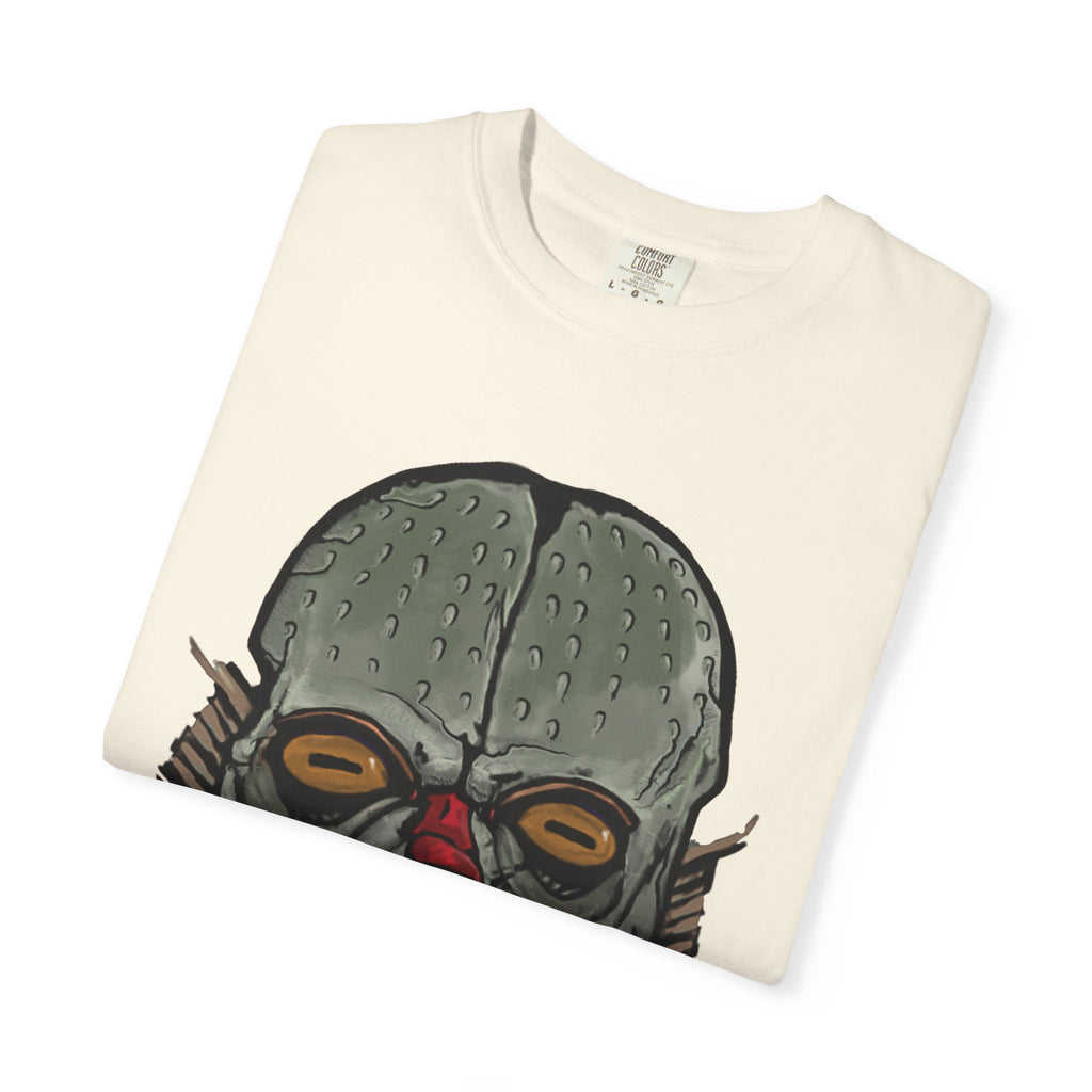 Freaky Features Fishman t-shirt, front shows grotesque fishman with orange eyes and red nose, back shows open pizza box with sewer pizza and skeletons
