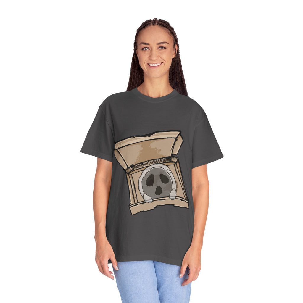 Hand-drawn ghost pizza box t-shirt showing open pizza box with a spooky ghost inside from PizzaBytes collection

