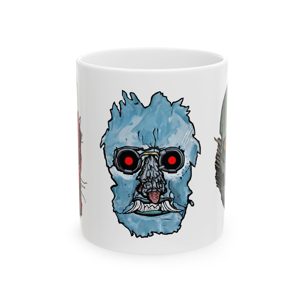 Freaky Features Iceman Devil Fishman mug showing three monster designs: blue icy skull with red goggles, red horned demon, and grotesque fishman head on white ceramic mug


