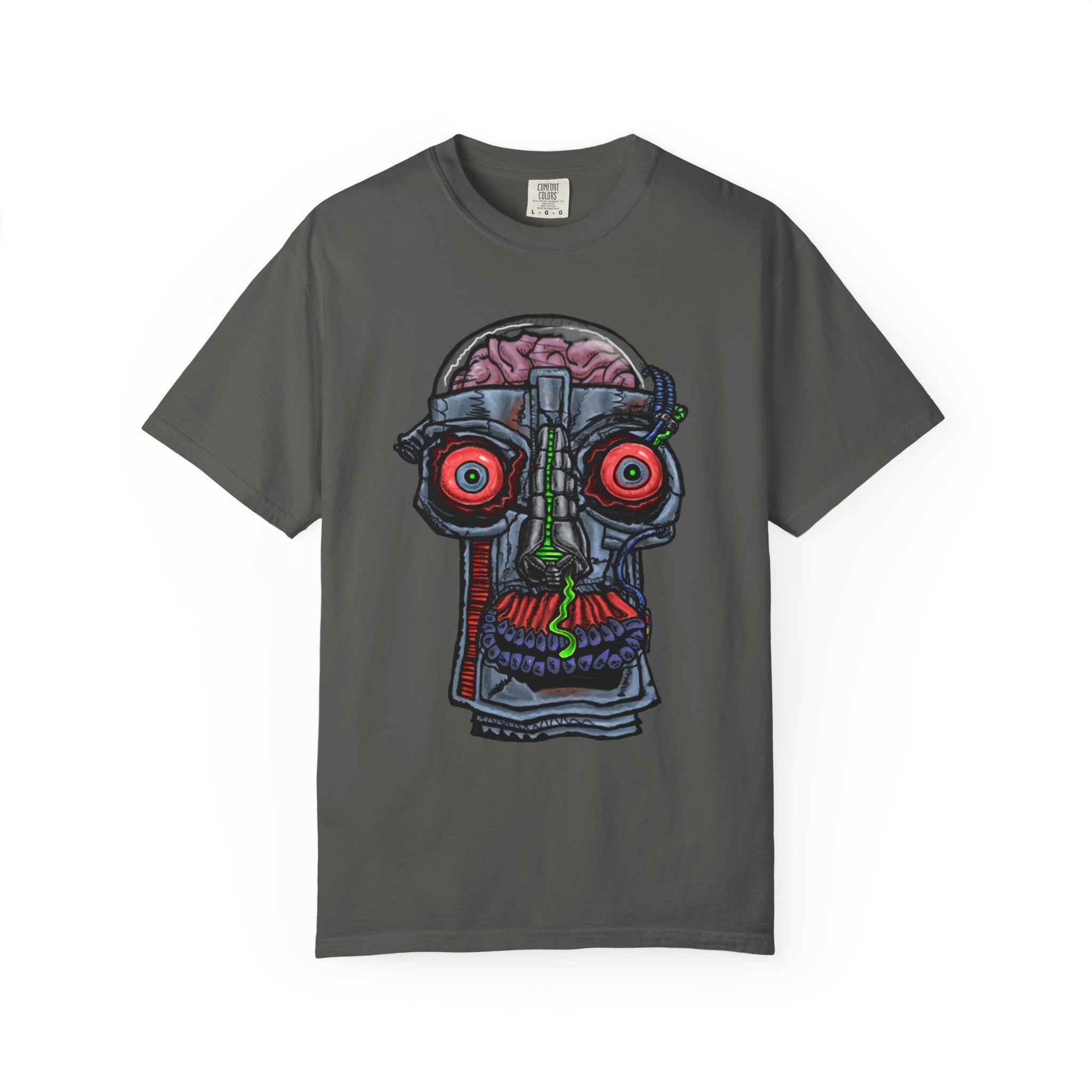 Freaky Features Robo Bobo t-shirt, front shows cybernetic robot skull with exposed brain and glowing eyes, back shows open pizza box with 8-bit pixel pepperoni pizza


