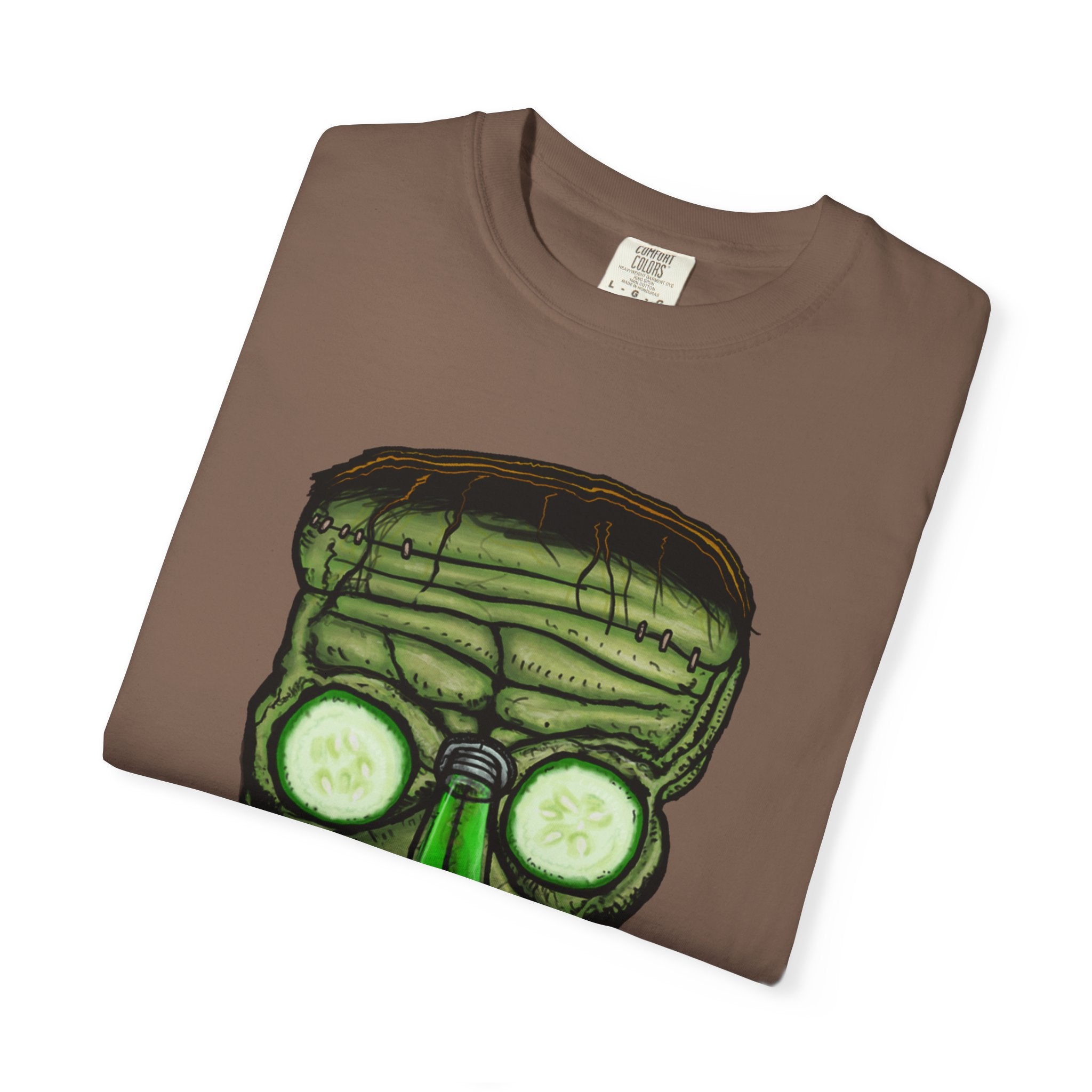 Freaky Features Franky t-shirt, front shows Frankenstein-style monster head with cucumber eyes and poison vial nose, back shows monster-headed pizza box with green pizza frisbee