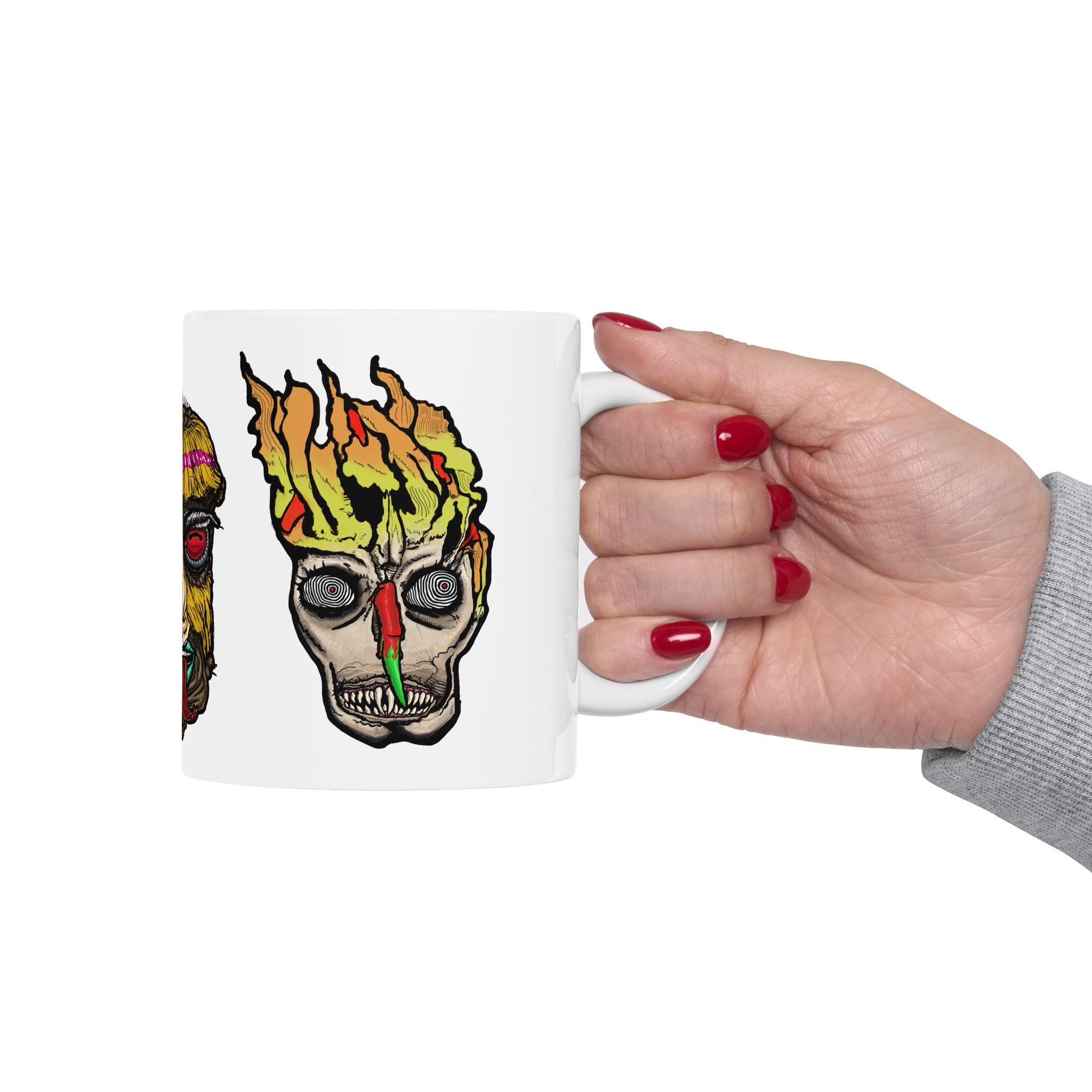 Freaky Features Ghost HorrorBird Flaming Skull mug showing three monster designs: creepy ghost with weapons, horror rooster, and flaming skull with chili nose on white ceramic mug