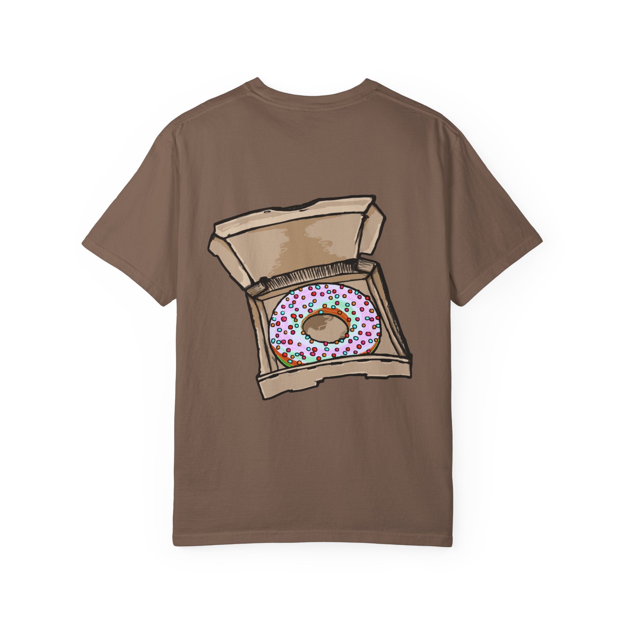 Freaky Features Mushroom Boy t-shirt, front shows grotesque mushroom skull with red cap and multiple eyes, back shows open pizza box with rainbow sprinkle donut
