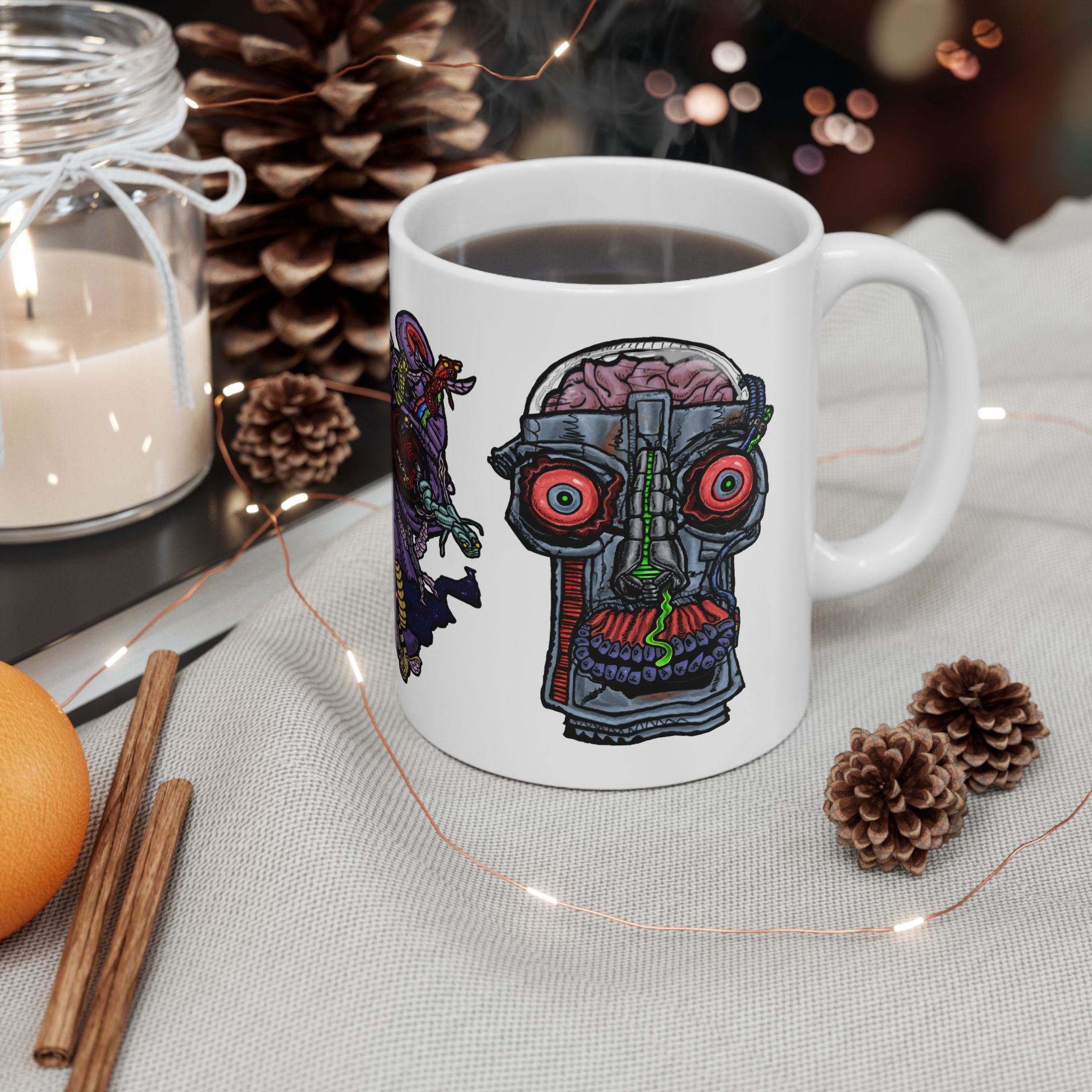 Freaky Features Gremlin Alien Robot mug showing three monster designs: wild-haired gremlin, purple alien swarm, and cybernetic robot skull with exposed brain on white ceramic mug
