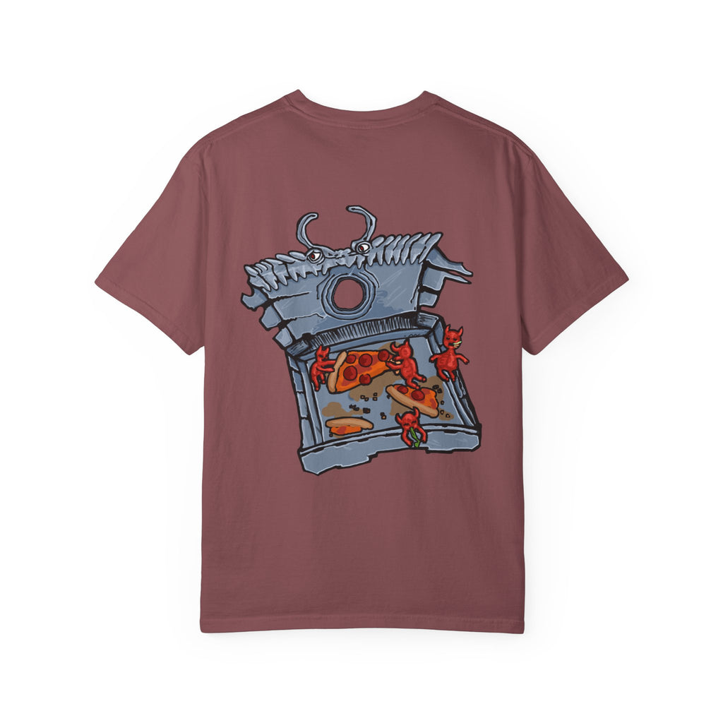 Freaky Features Fire Imp t-shirt, front shows a red bat-winged fire imp, back shows a monster-headed pizza box being raided by little red devils 
