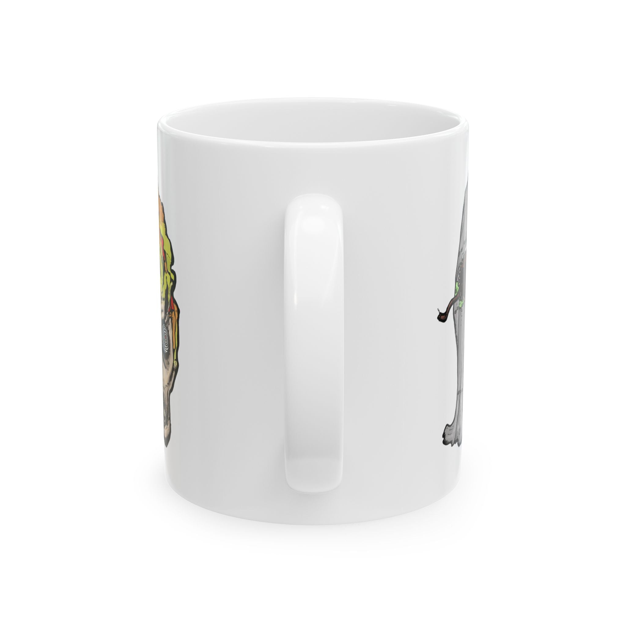 Freaky Features Ghost HorrorBird Flaming Skull mug showing three monster designs: creepy ghost with weapons, horror rooster, and flaming skull with chili nose on white ceramic mug