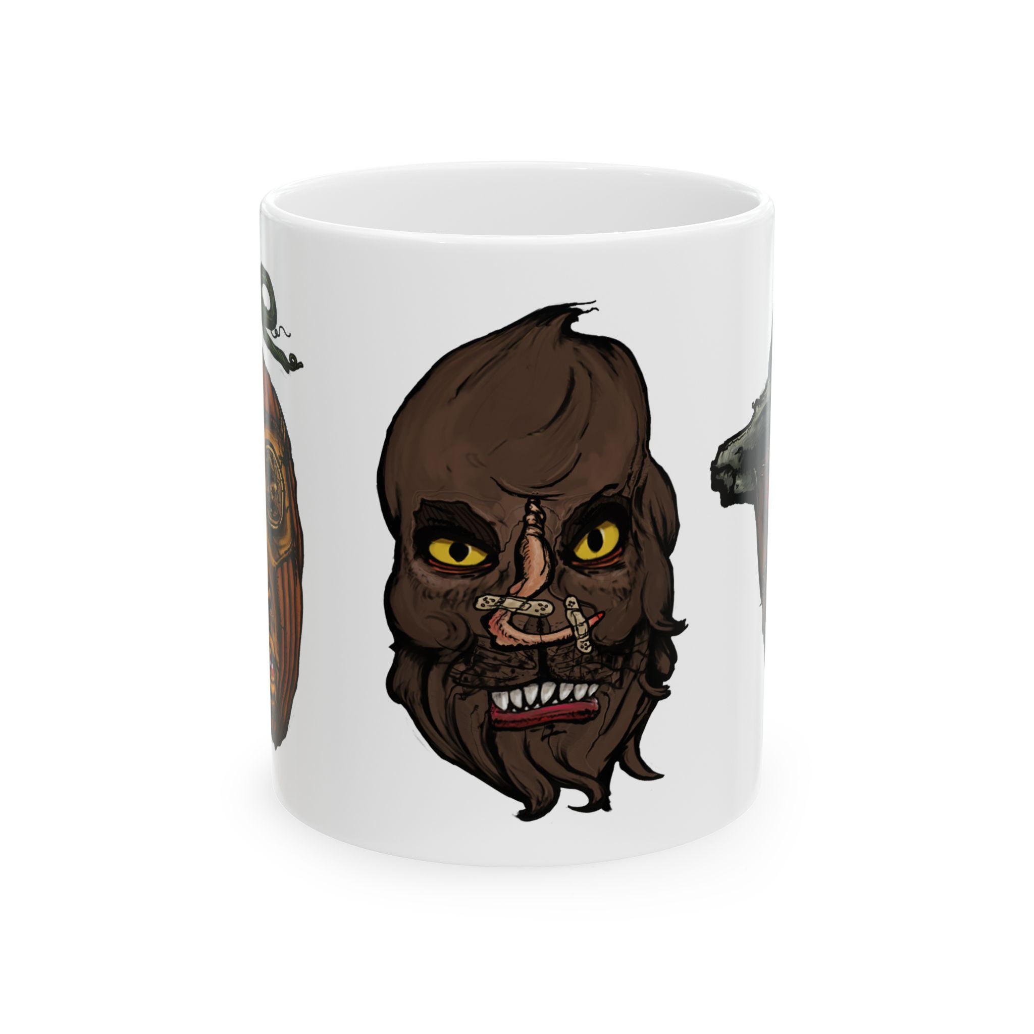 Freaky Features Werewolf Scarecrow PumpkinJack mug showing three monster designs: brown werewolf with yellow eyes, scarecrow with witch hat, and carved pumpkin head on white ceramic mug

