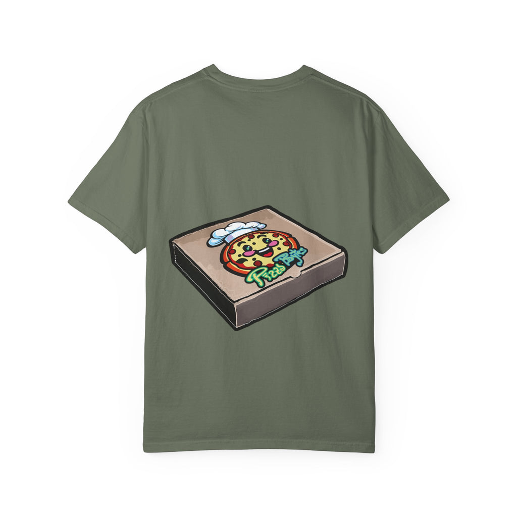 Hand-drawn brain pizza box t-shirt showing open pizza box with a detailed human brain pizza from PizzaBytes collection

