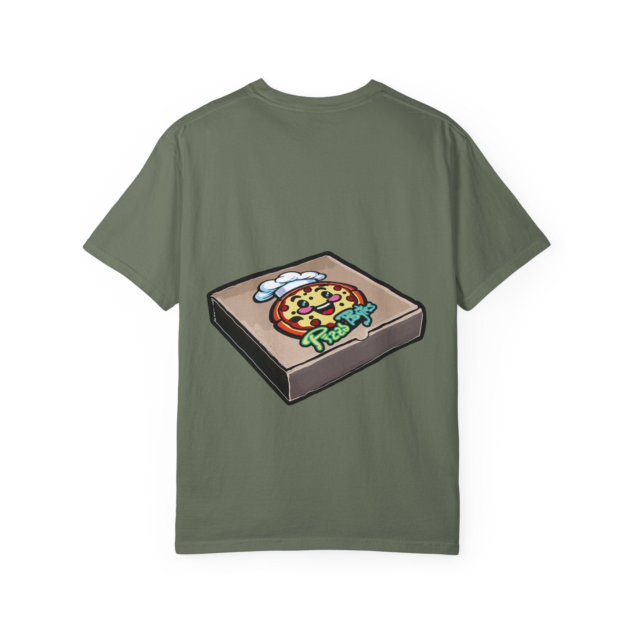 Hand-drawn brain pizza box t-shirt showing open pizza box with a detailed human brain pizza from PizzaBytes collection

