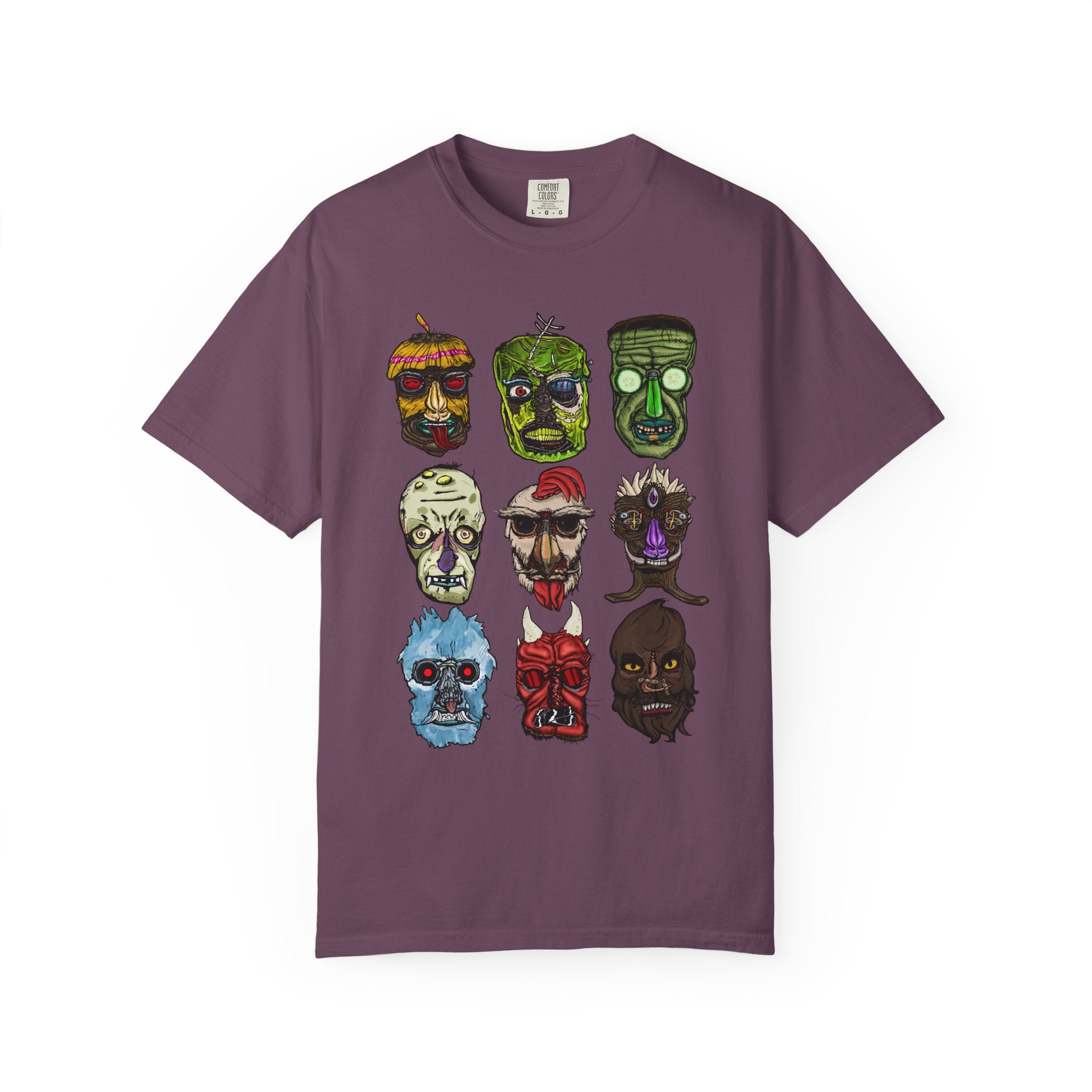 Freaky Features Collective #1 Mirrored t-shirt, front and back show mirrored 3x3 grids of hand-drawn monster heads from the Freaky Features collection
