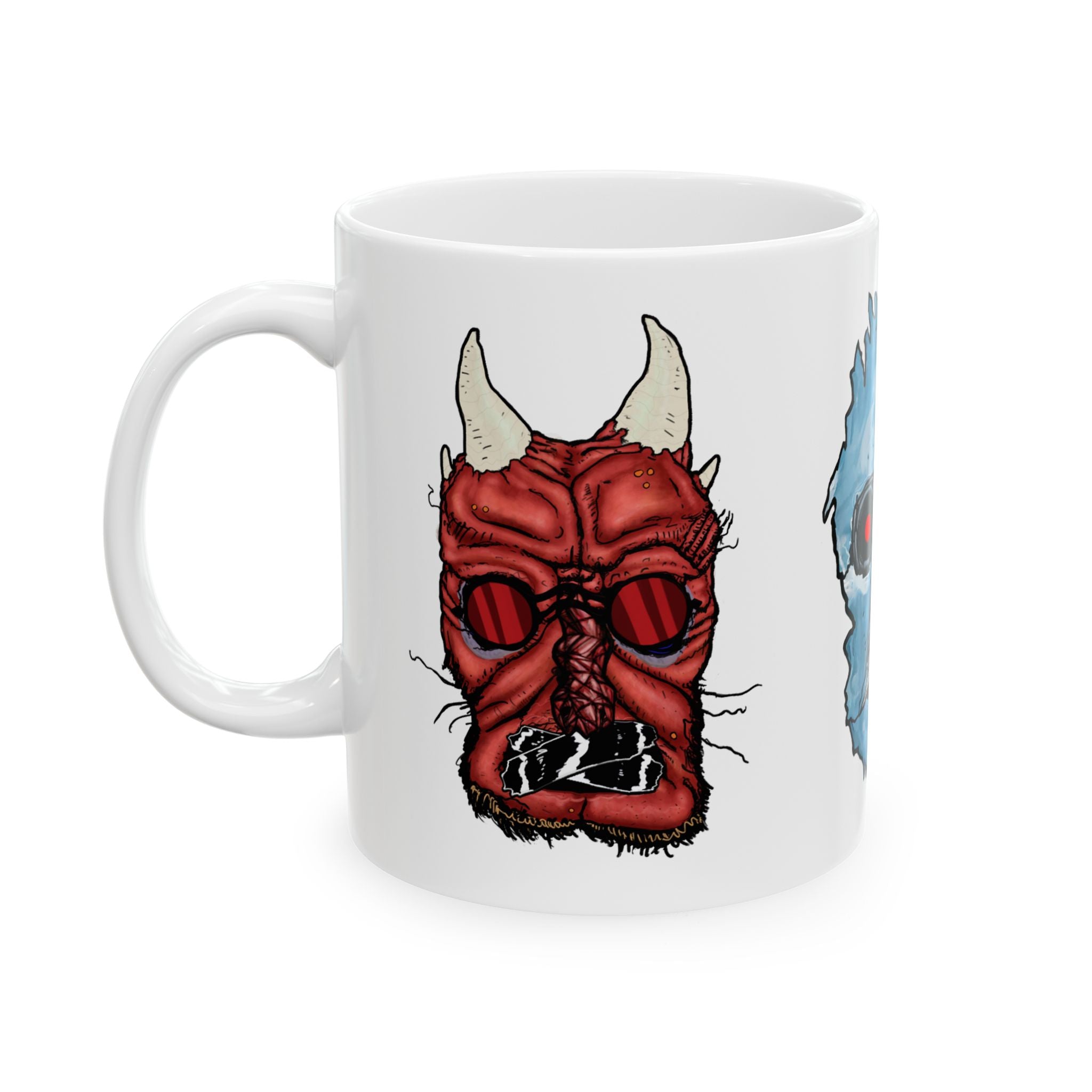Freaky Features Iceman Devil Fishman mug showing three monster designs: blue icy skull with red goggles, red horned demon, and grotesque fishman head on white ceramic mug

