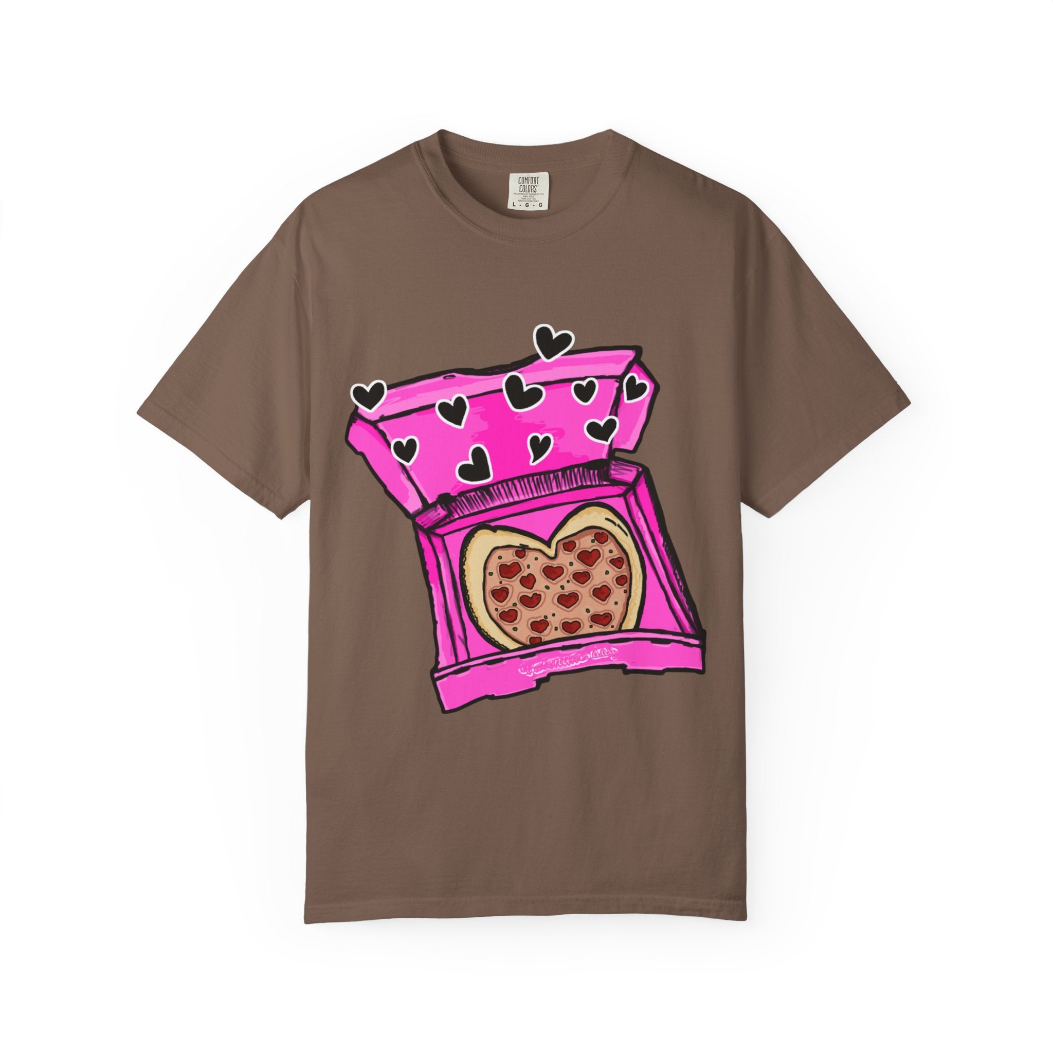 Hand-drawn heart pizza box t-shirt with pink pizza box, heart-shaped pepperoni pizza and floating black hearts on Comfort Color tee from PizzaBytes collection

