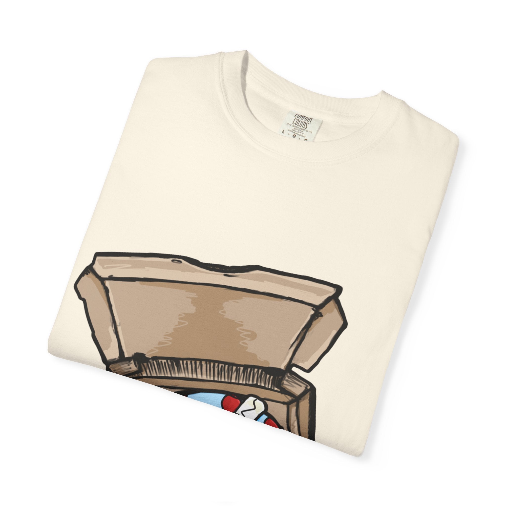 Hand-drawn gift pizza box t-shirt showing open pizza box with blue polka-dotted wrapped gift and red bow on Comfort tee from PizzaBytes collection
