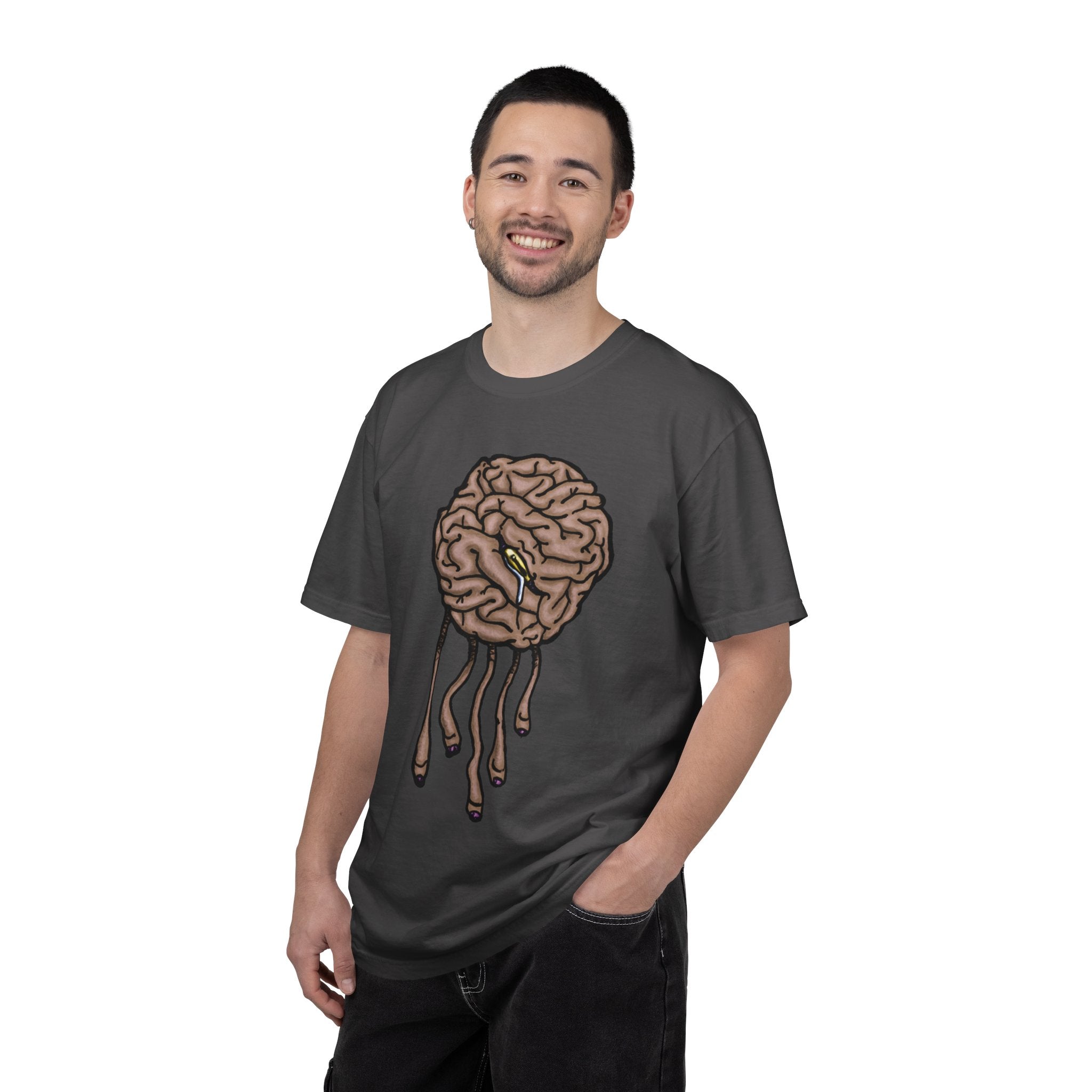 Freaky Features Sad Brian t-shirt, front shows a sad dripping brain monster with tentacles, back shows an open pizza box with half-eaten cake dripping
