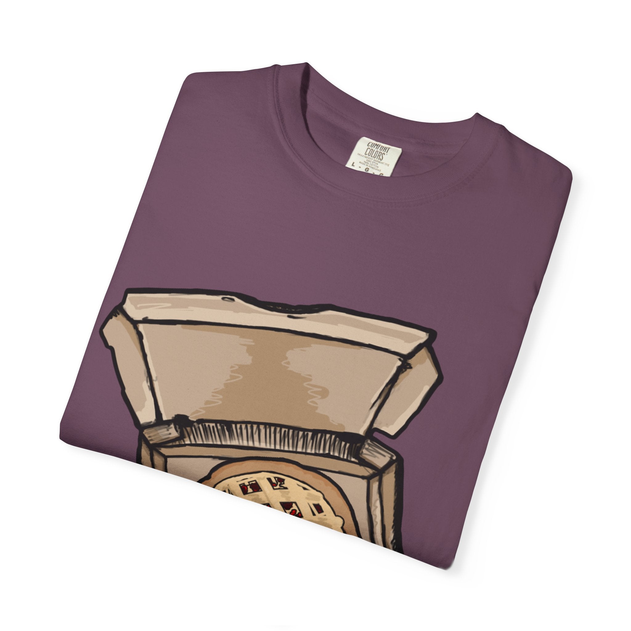 Hand-drawn cherry pie pizza box t-shirt showing open pizza box with lattice-top cherry pie from PizzaBytes collection

