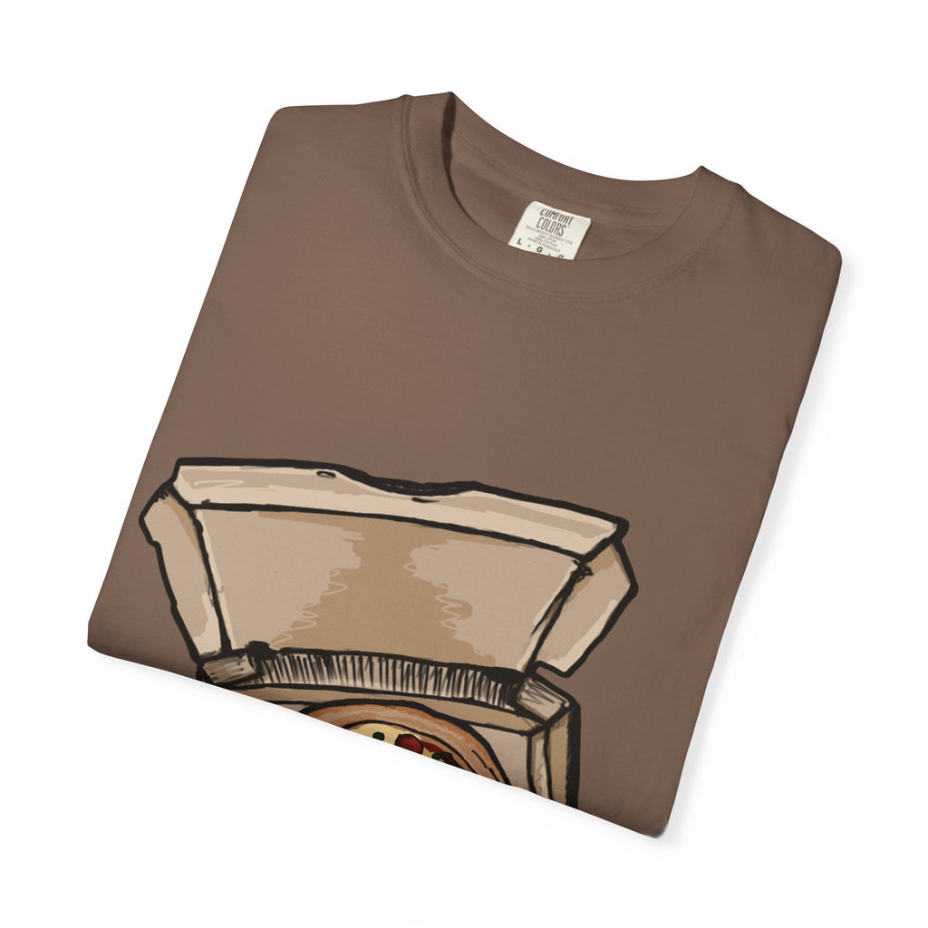 Hand-drawn pepperoni bacon pineapple pizza box t-shirt showing open pizza box with pepperoni, bacon and pineapple pizza from PizzaBytes collection

