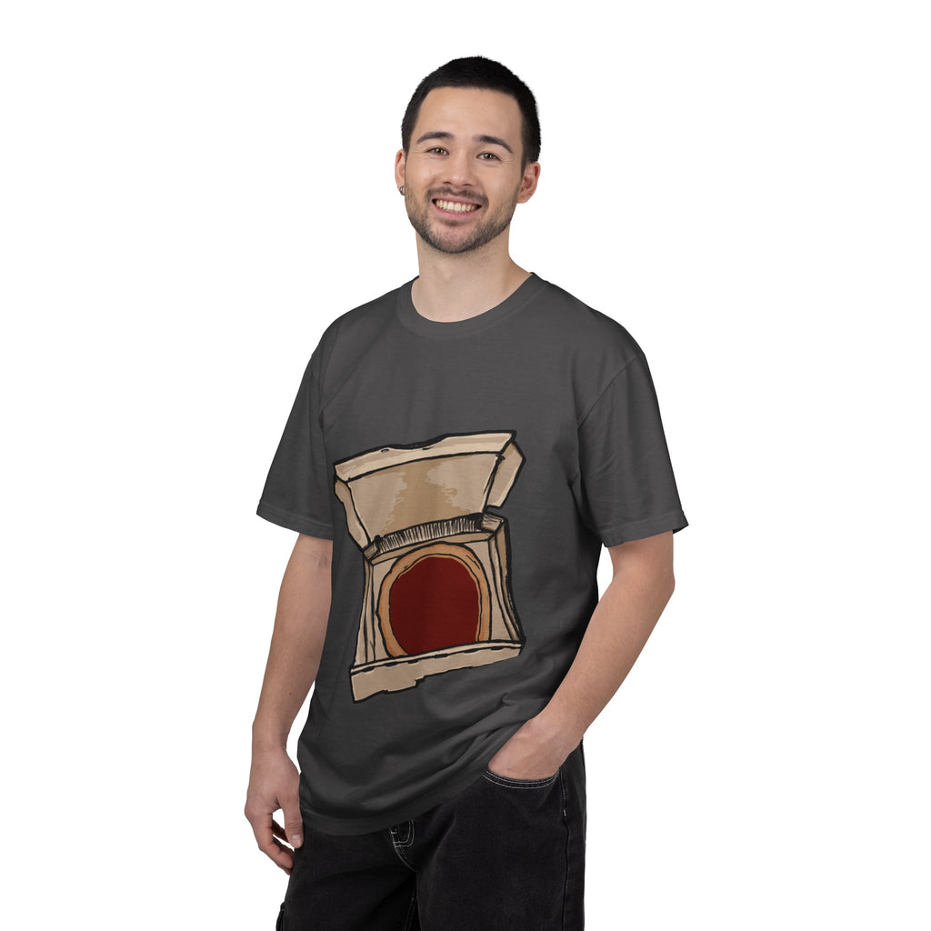 Hand-drawn red sauce pizza box t-shirt showing open pizza box with red sauce pizza from PizzaBytes collection

