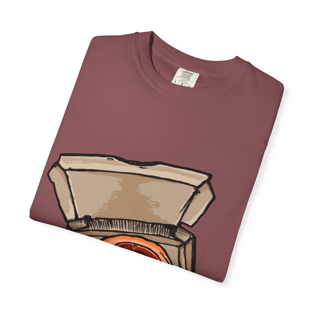 Hand-drawn classic pepperoni pizza box t-shirt showing open pizza box with pepperoni pizza from PizzaBytes collection

